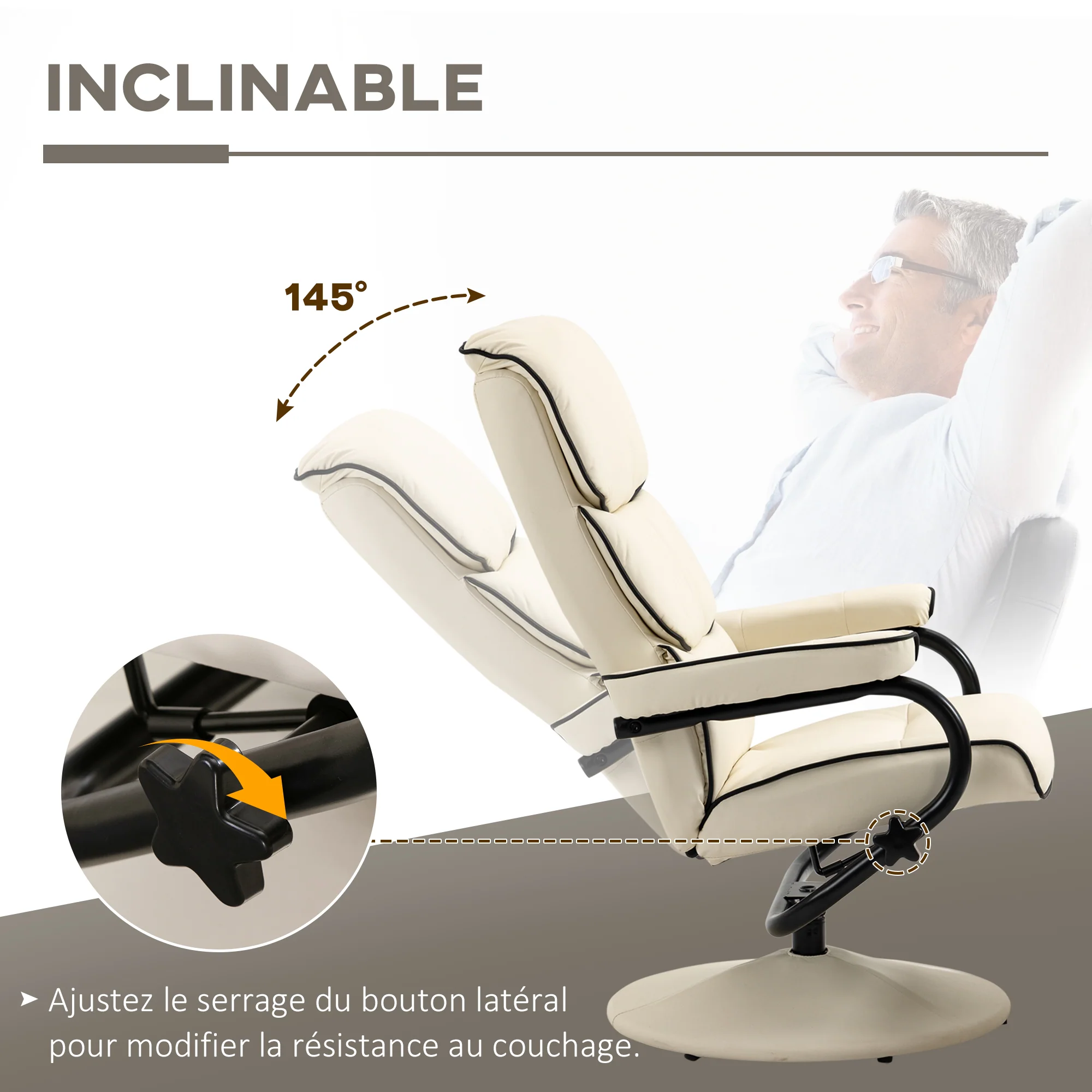Fauteuil relax avec pouf, fauteuil TV avec dossier inclinable, siège pivotant à 360°, assise rembourrée confortable, jusqu'à 130 kg, pour salon, chambre, crème - Image 5