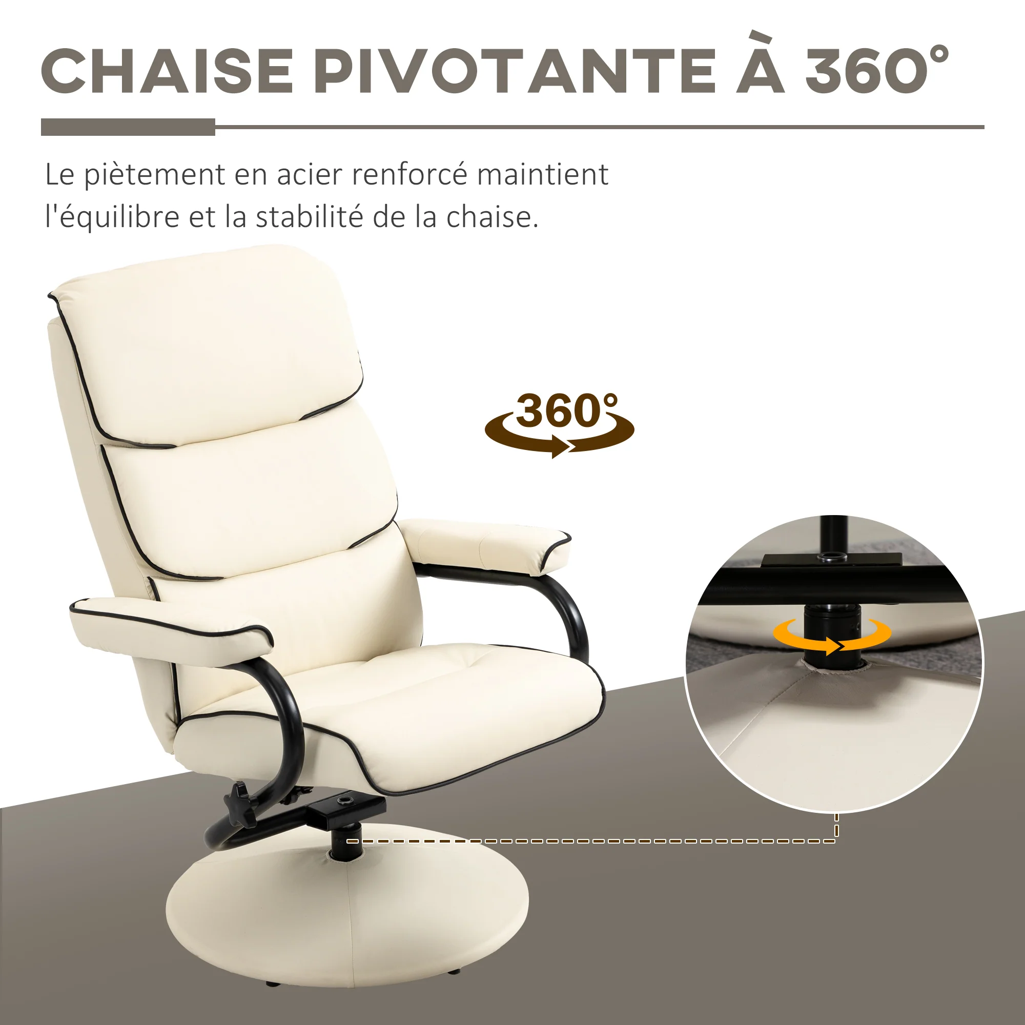 Fauteuil relax avec pouf, fauteuil TV avec dossier inclinable, siège pivotant à 360°, assise rembourrée confortable, jusqu'à 130 kg, pour salon, chambre, crème - Image 6