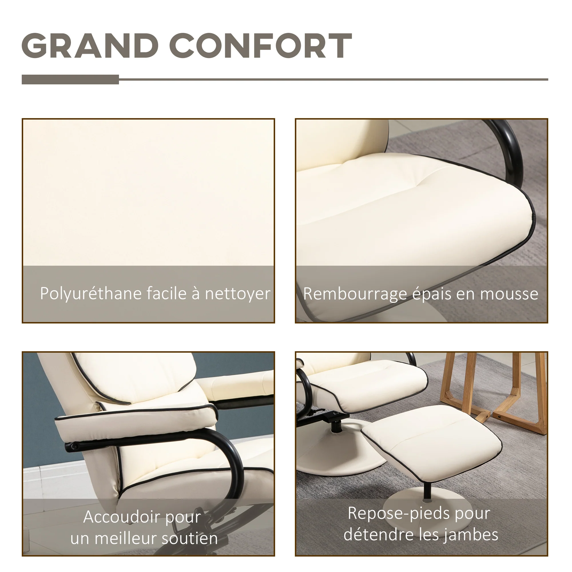 Fauteuil relax avec pouf, fauteuil TV avec dossier inclinable, siège pivotant à 360°, assise rembourrée confortable, jusqu'à 130 kg, pour salon, chambre, crème - Image 7