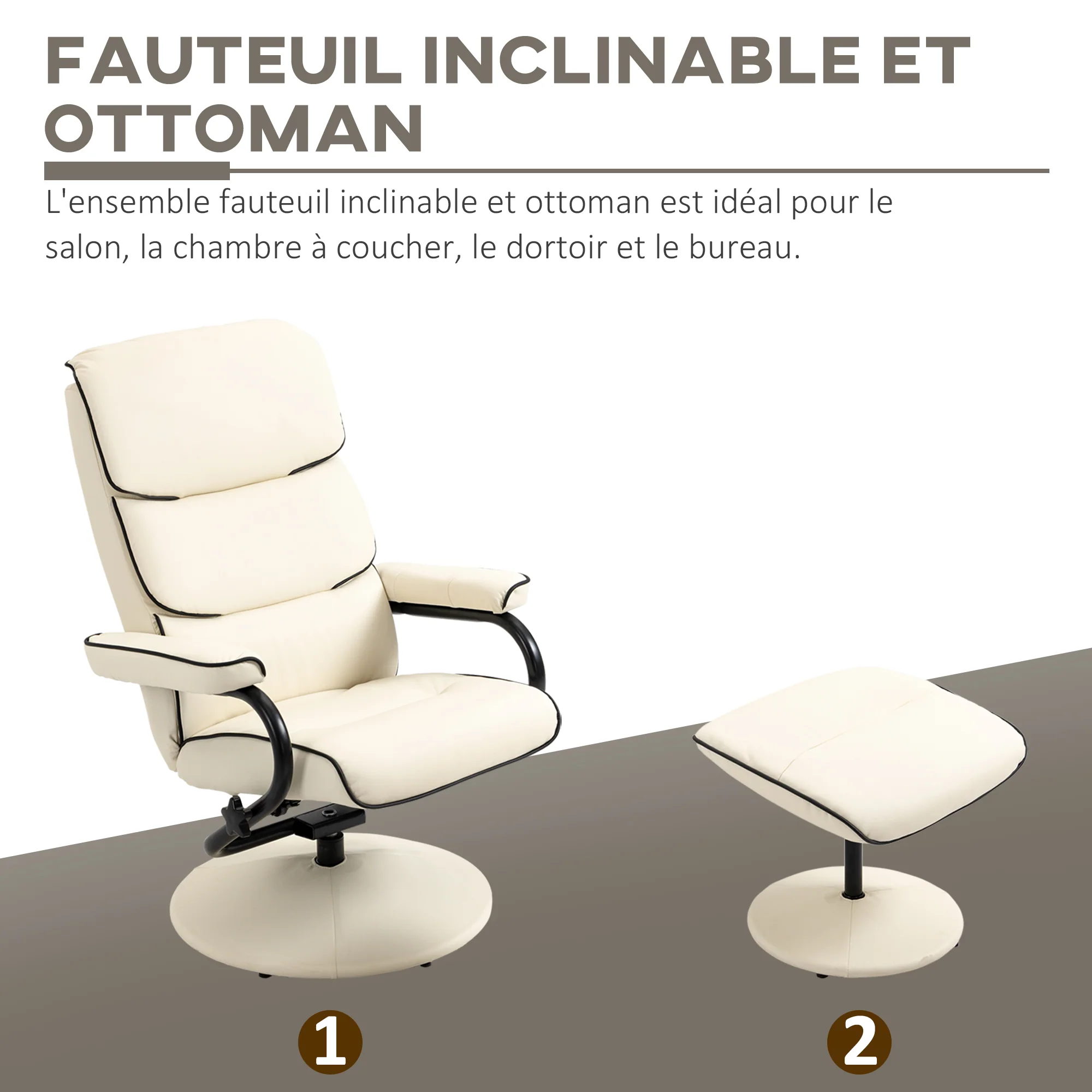 Fauteuil relax avec pouf, fauteuil TV avec dossier inclinable, siège pivotant à 360°, assise rembourrée confortable, jusqu'à 130 kg, pour salon, chambre, crème - Image 8