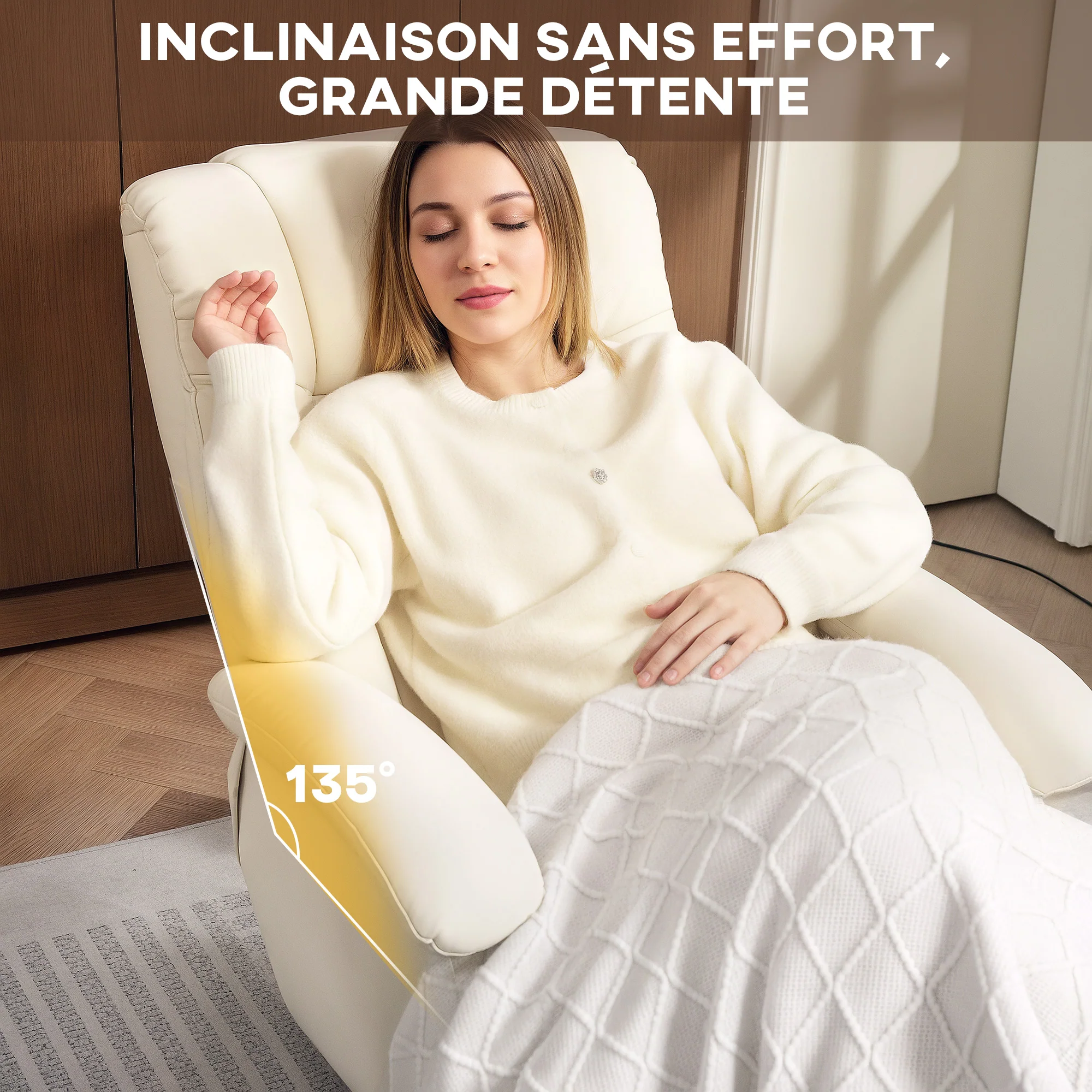 Fauteuil relax avec repose-pied fauteuil de relaxation chaise relaxant pivotant 360° et dossier inclinable chaise TV charge jusqu'à 120 Kg pour salon, chambre, bureau, crème - Image 5