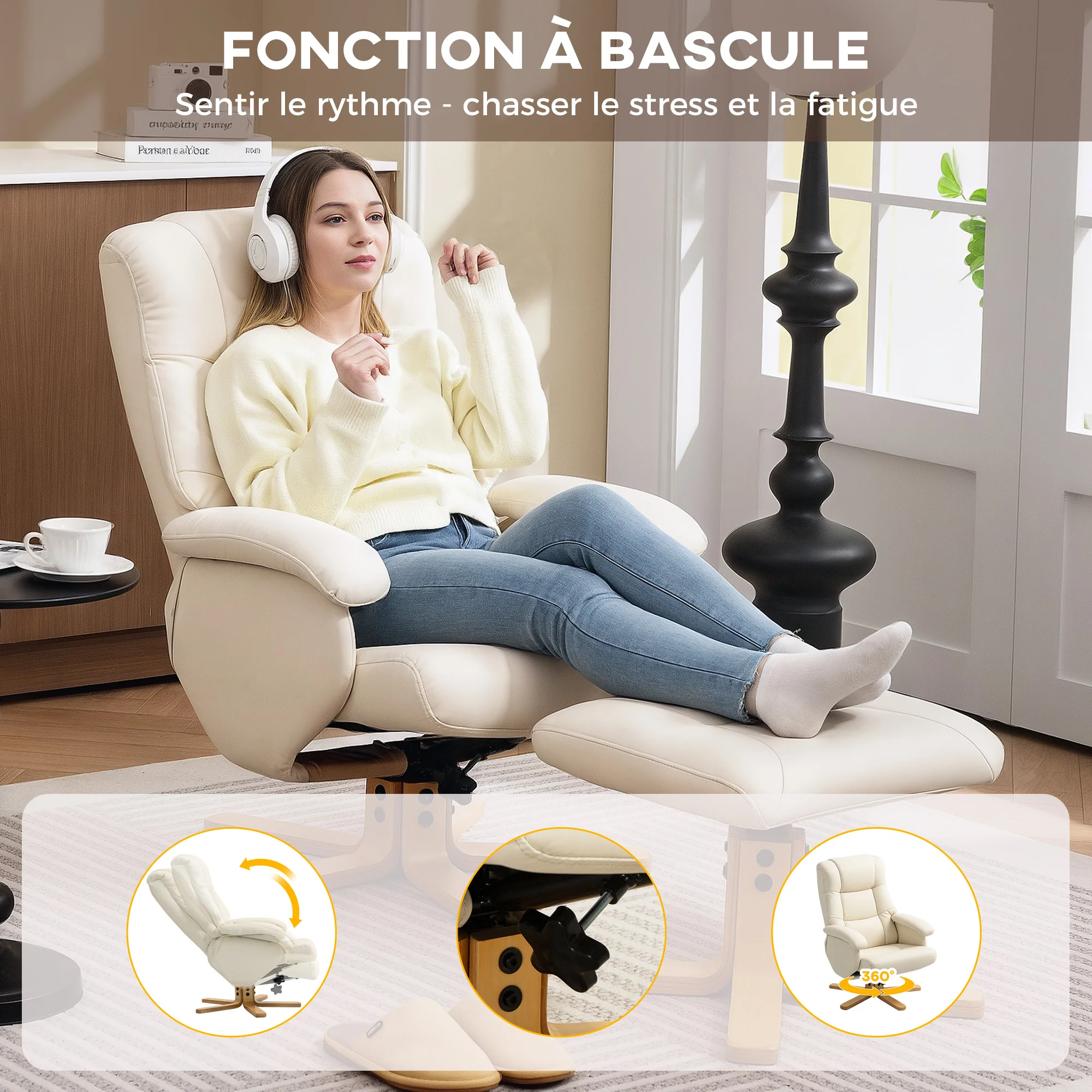 Fauteuil relax avec repose-pied fauteuil de relaxation chaise relaxant pivotant 360° et dossier inclinable chaise TV charge jusqu'à 120 Kg pour salon, chambre, bureau, crème - Image 6