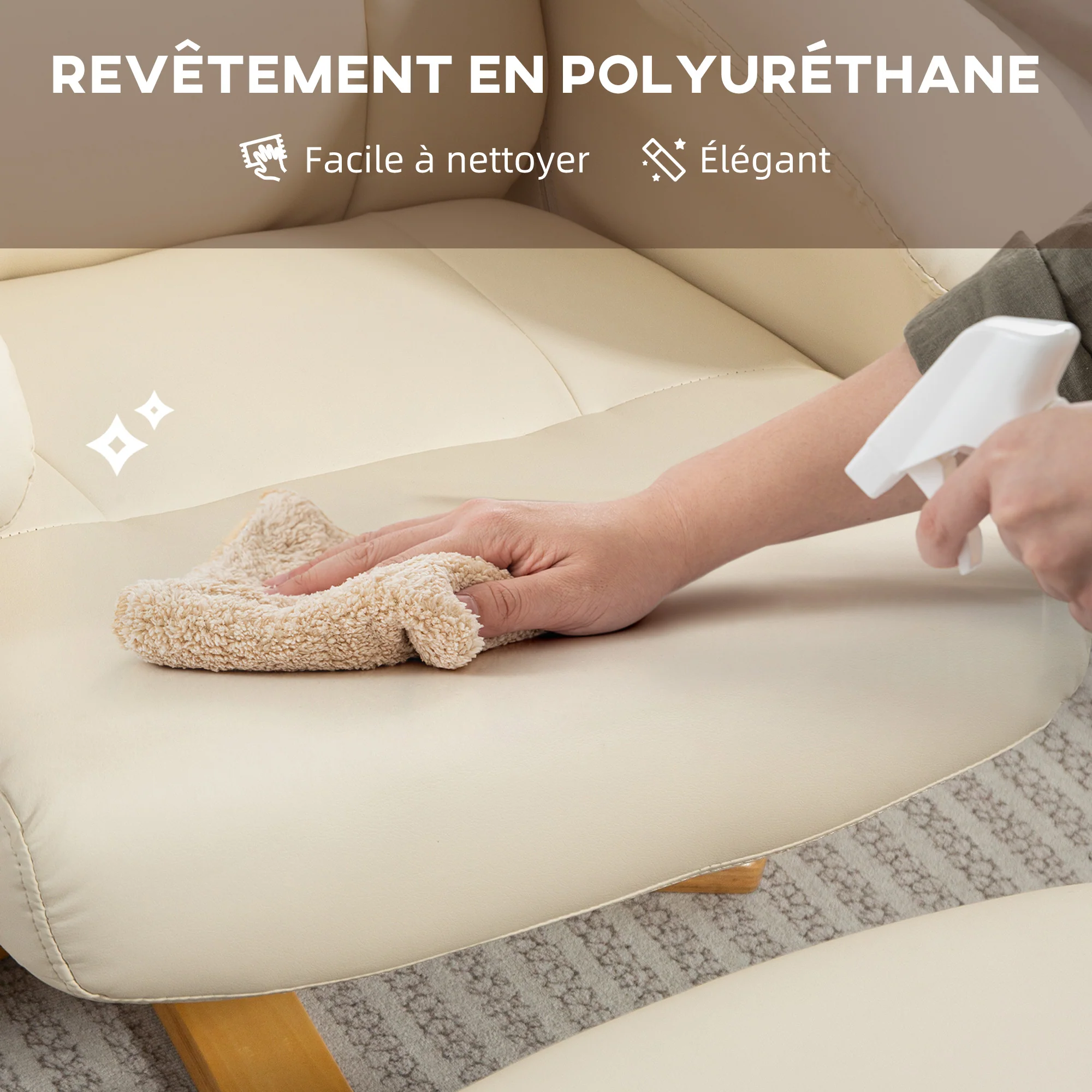 Fauteuil relax avec repose-pied fauteuil de relaxation chaise relaxant pivotant 360° et dossier inclinable chaise TV charge jusqu'à 120 Kg pour salon, chambre, bureau, crème - Image 8