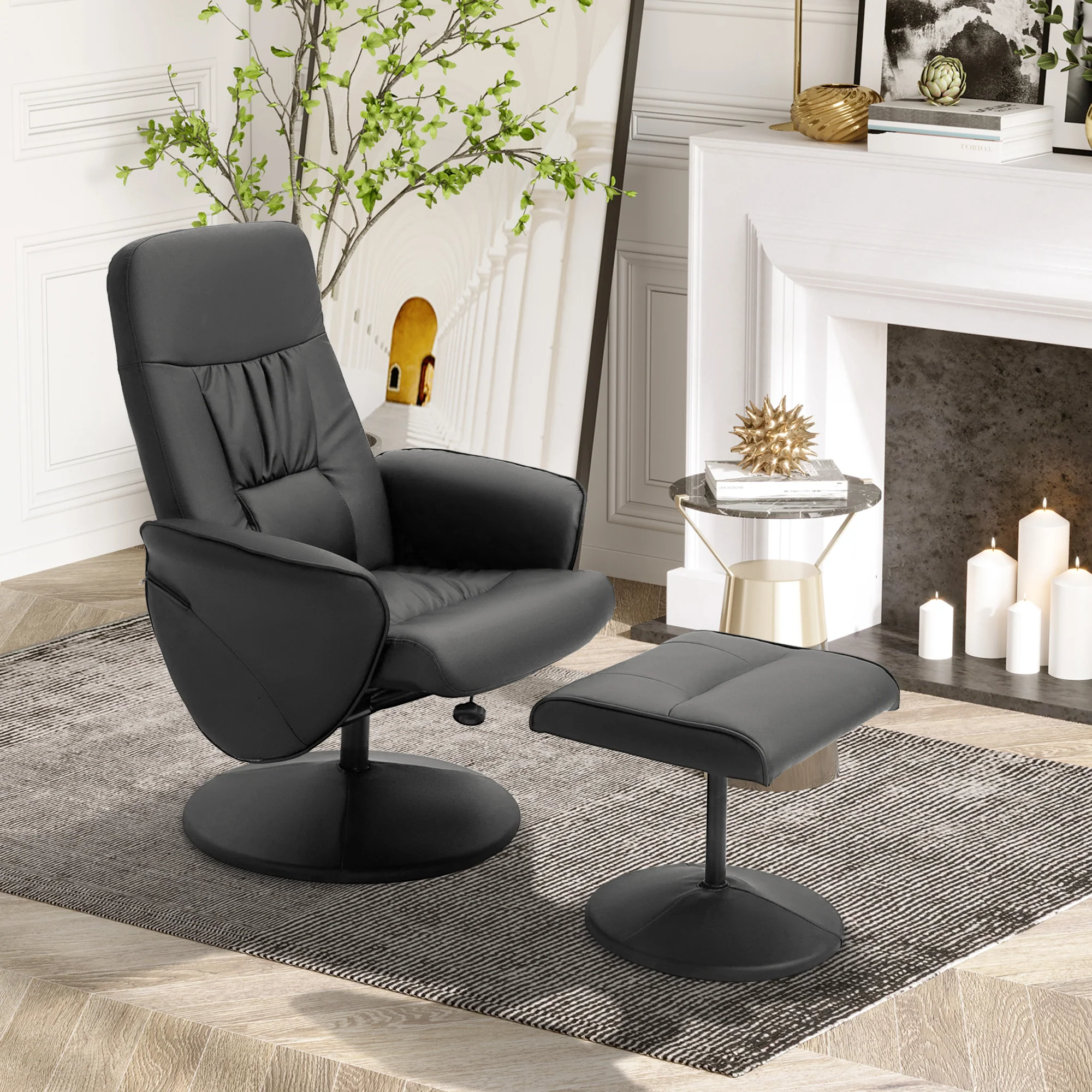 Fauteuil relax avec repose-pied fauteuil de relaxation relaxant pivotant 360° et dossier inclinable pour TV supportant jusqu'à 120 Kg revêtement synthétique métal noir - Image 3