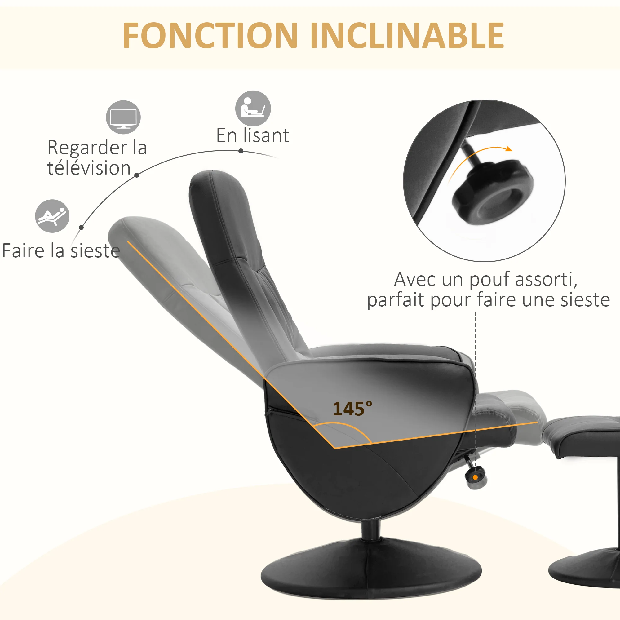 Fauteuil relax avec repose-pied fauteuil de relaxation relaxant pivotant 360° et dossier inclinable pour TV supportant jusqu'à 120 Kg revêtement synthétique métal noir - Image 5