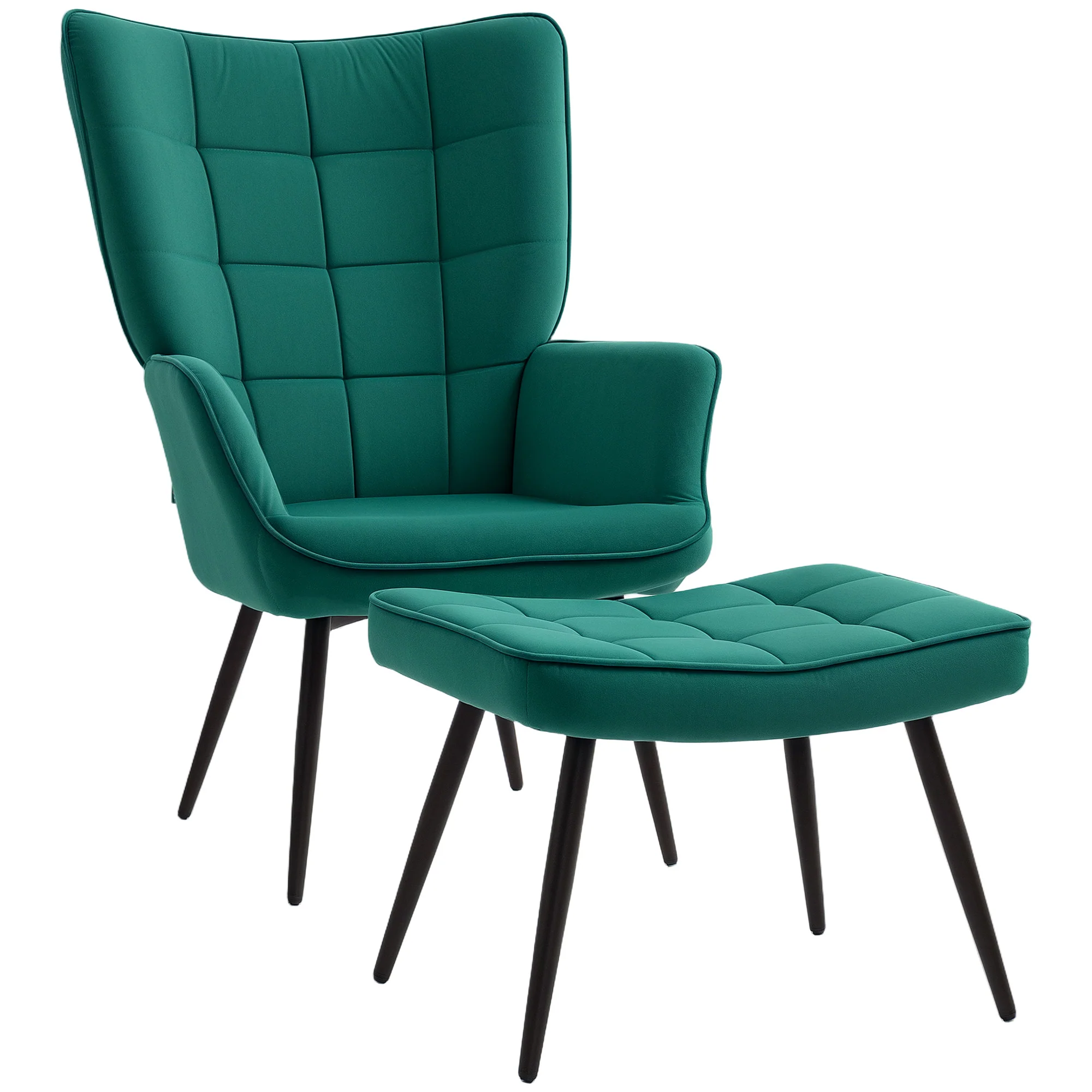 Fauteuil relax avec repose-pieds assorti style scandinave piètement métal noir revêtement aspect velours - Vert - Image 2