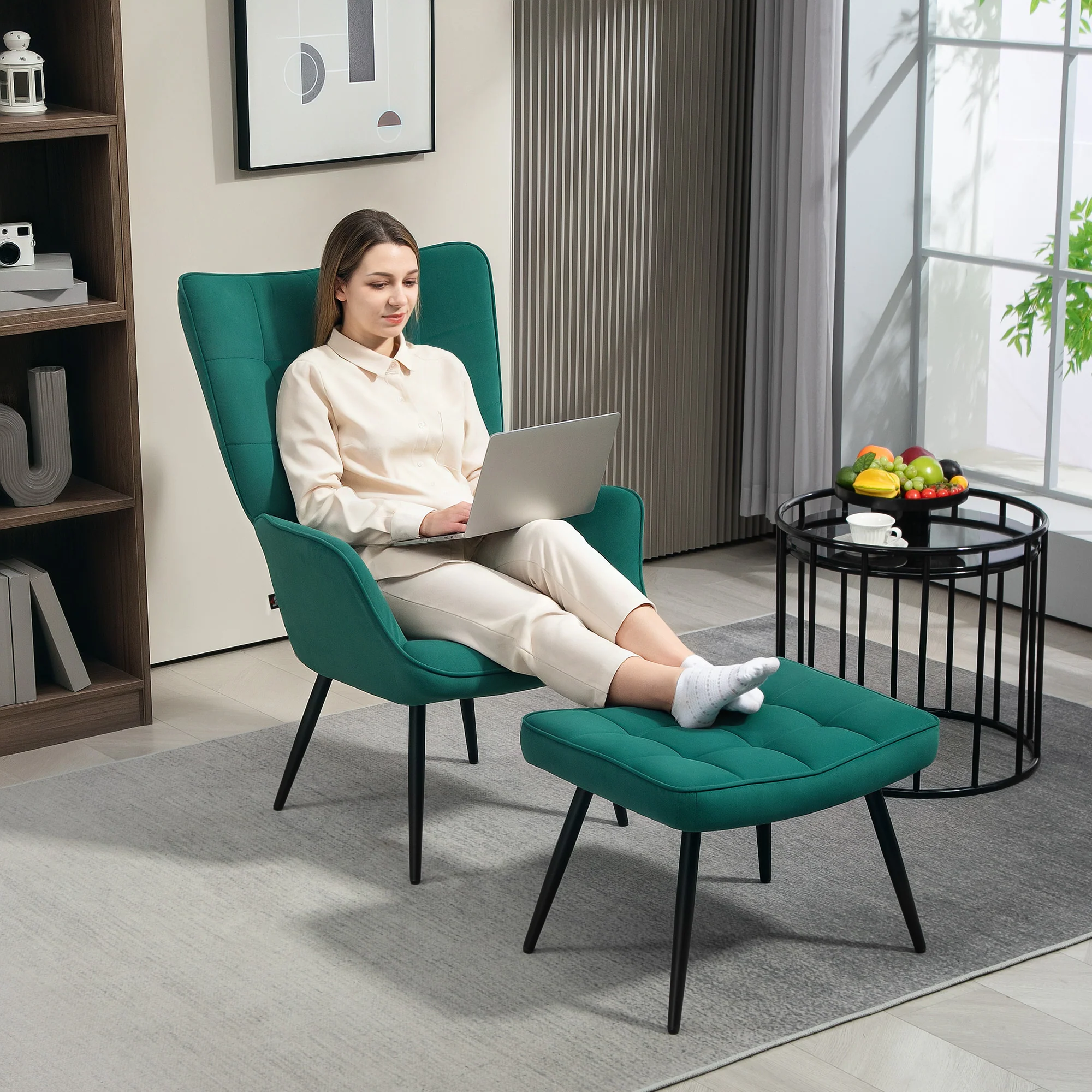 Fauteuil relax avec repose-pieds assorti style scandinave piètement métal noir revêtement aspect velours - Vert - Image 3