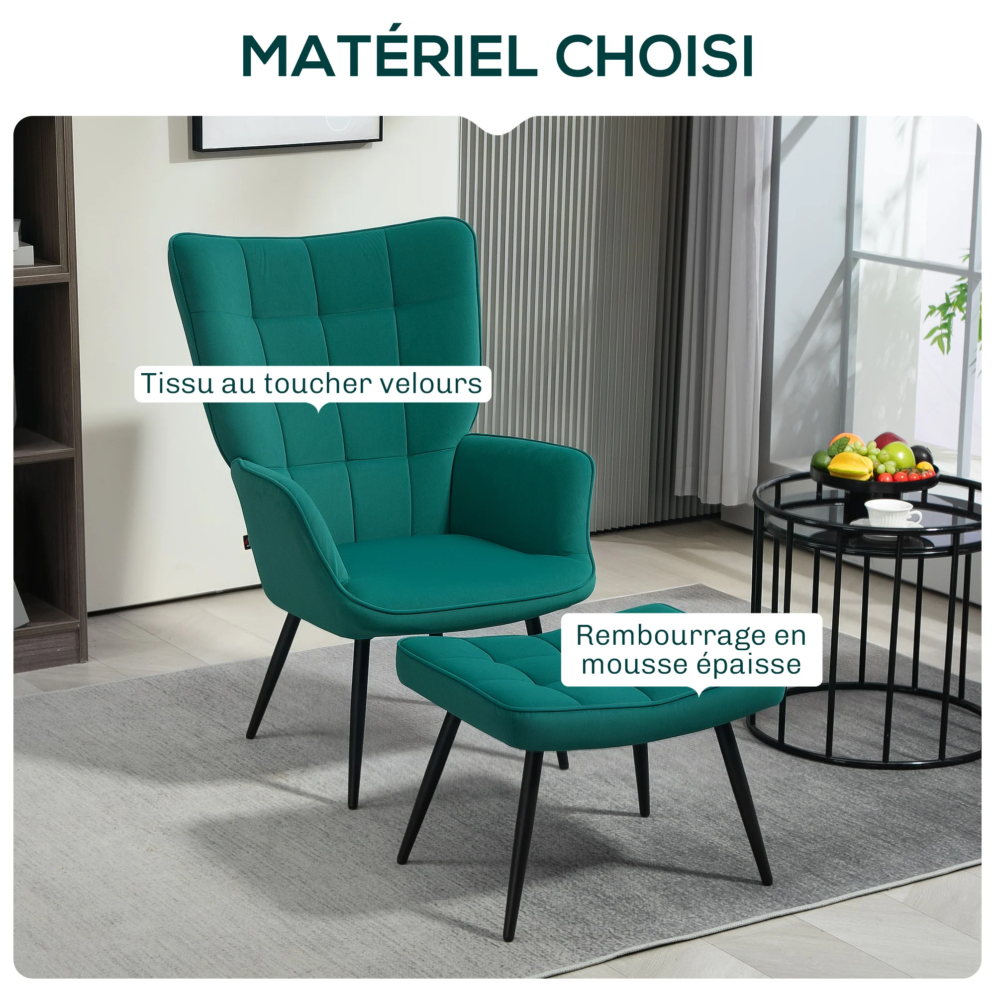 Fauteuil relax avec repose-pieds assorti style scandinave piètement métal noir revêtement aspect velours - Vert - Image 5