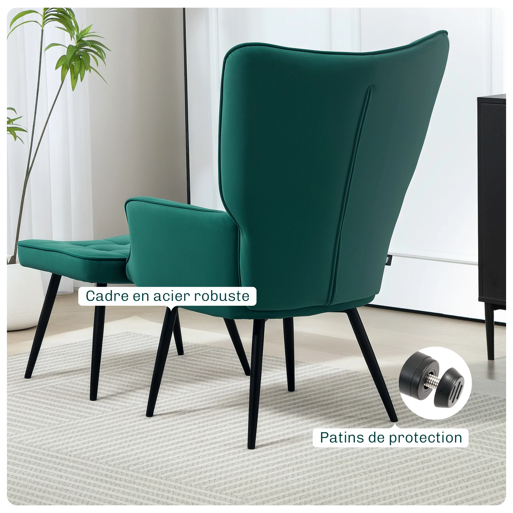 Fauteuil relax avec repose-pieds assorti style scandinave piètement métal noir revêtement aspect velours - Vert - Image 6