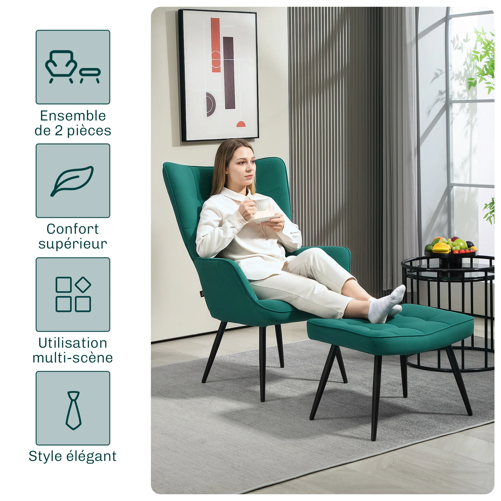 Fauteuil relax avec repose-pieds assorti style scandinave piètement métal noir revêtement aspect velours - Vert - Image 7