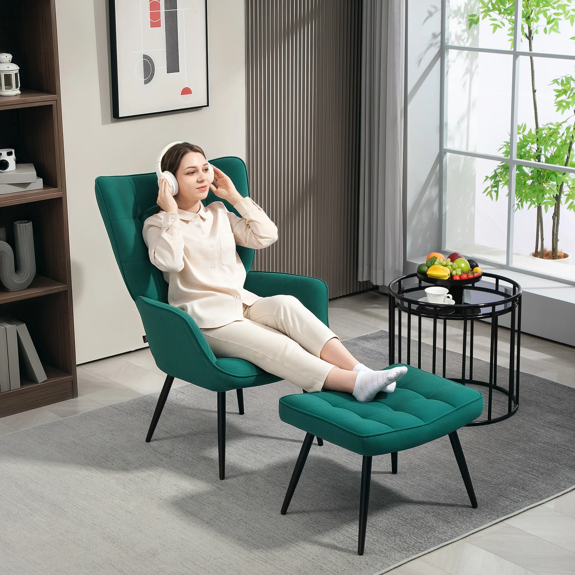 Fauteuil relax avec repose-pieds assorti style scandinave piètement métal noir revêtement aspect velours - Vert - Image 8