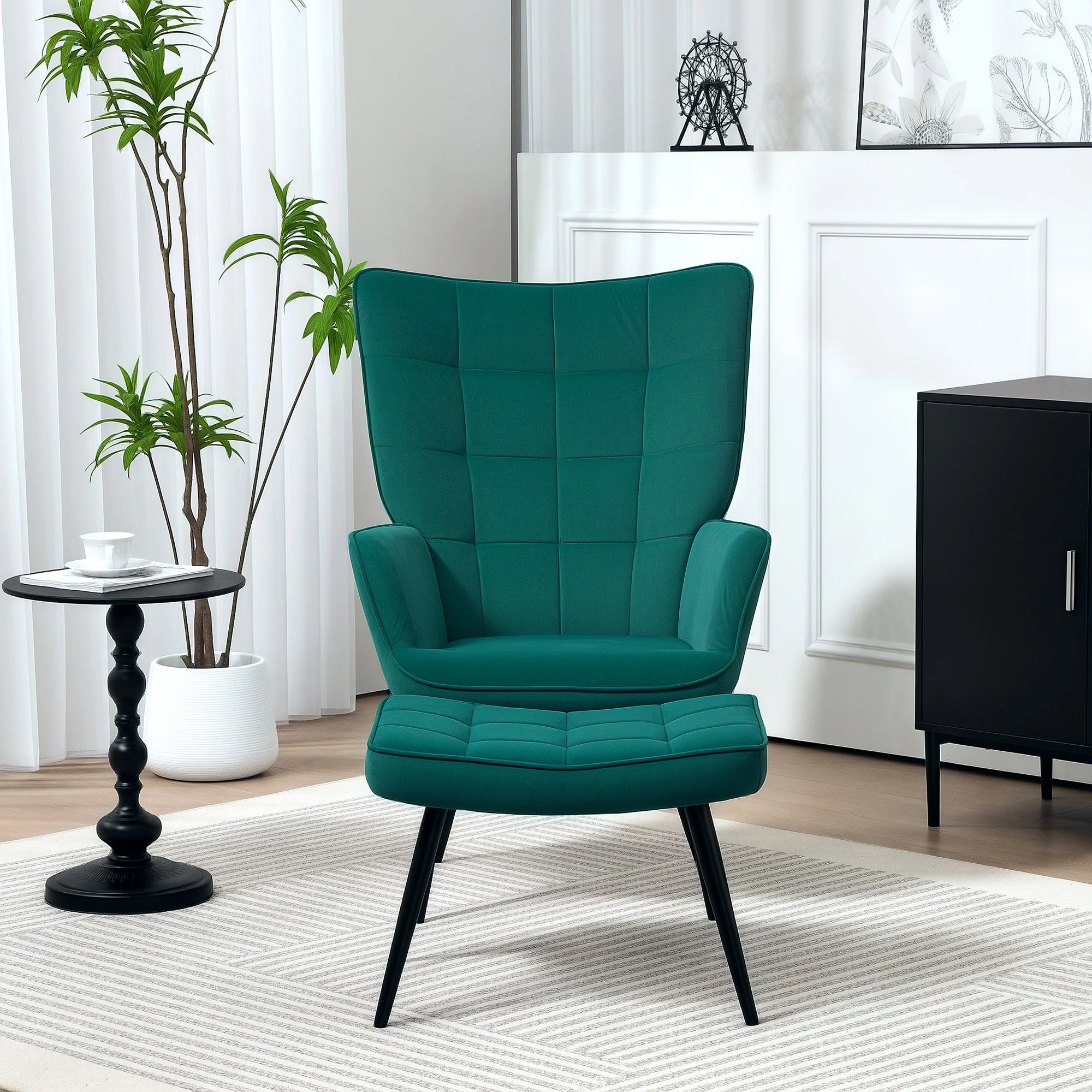 Fauteuil relax avec repose-pieds assorti style scandinave piètement métal noir revêtement aspect velours - Vert - Image 9