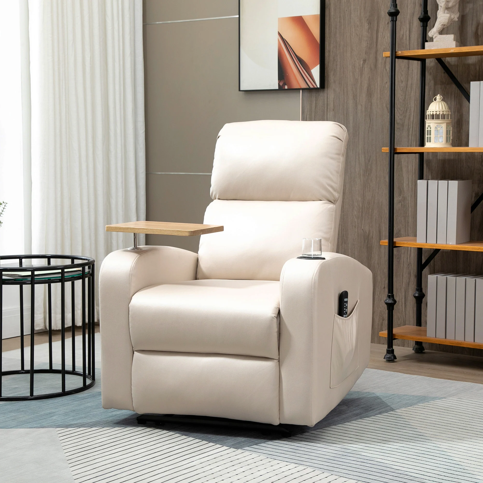 Fauteuil Relax Électrique Fauteuil Massant Inclinable avec Tablette, Poches latérales et Télécommande pour Salon et Chambre- en Microfibre Beige - Image 3