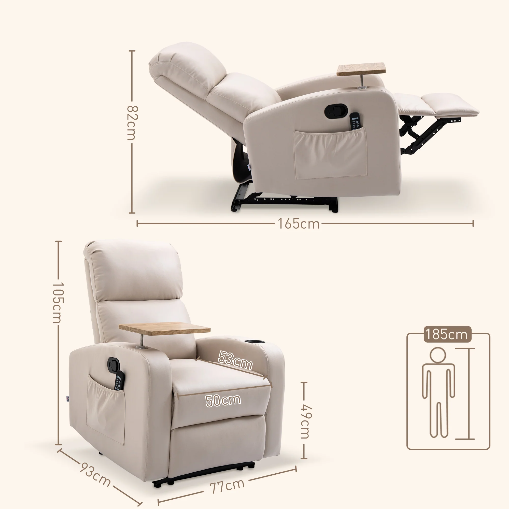 Fauteuil Relax Électrique Fauteuil Massant Inclinable avec Tablette, Poches latérales et Télécommande pour Salon et Chambre- en Microfibre Beige - Image 4