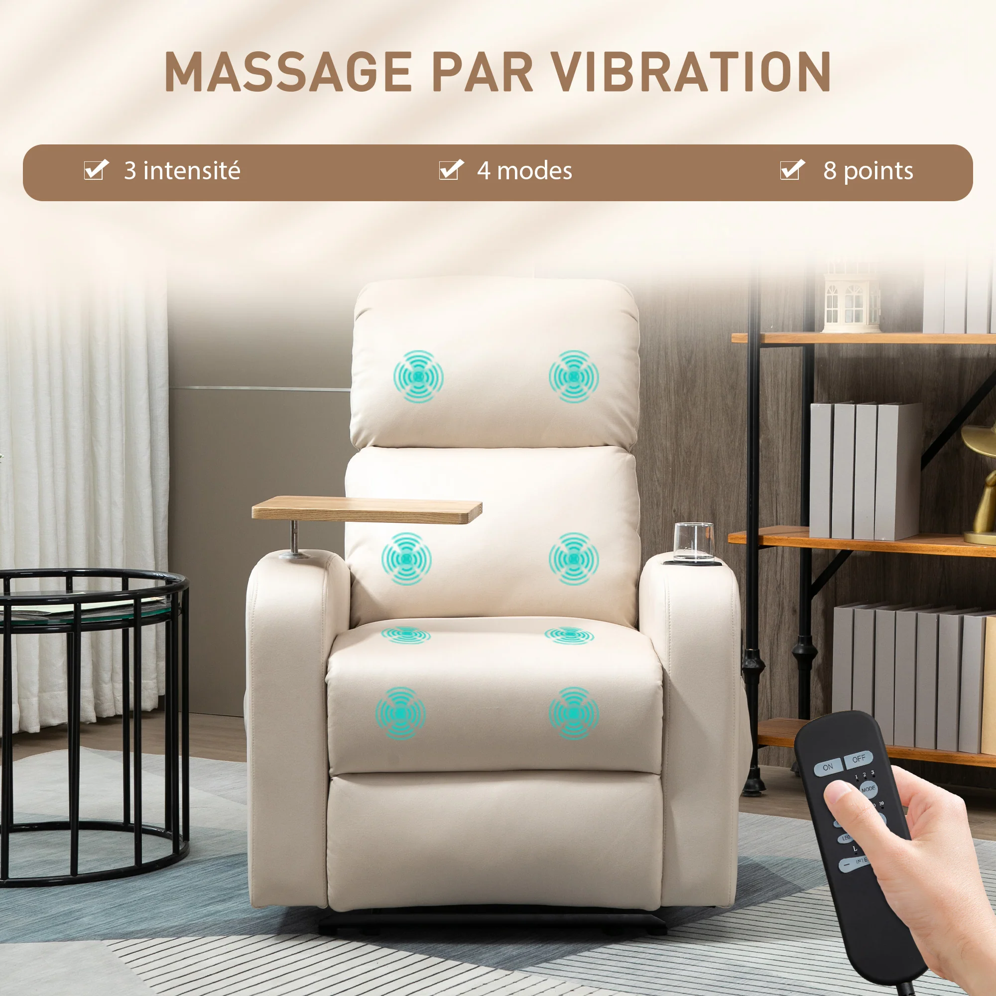Fauteuil Relax Électrique Fauteuil Massant Inclinable avec Tablette, Poches latérales et Télécommande pour Salon et Chambre- en Microfibre Beige - Image 5
