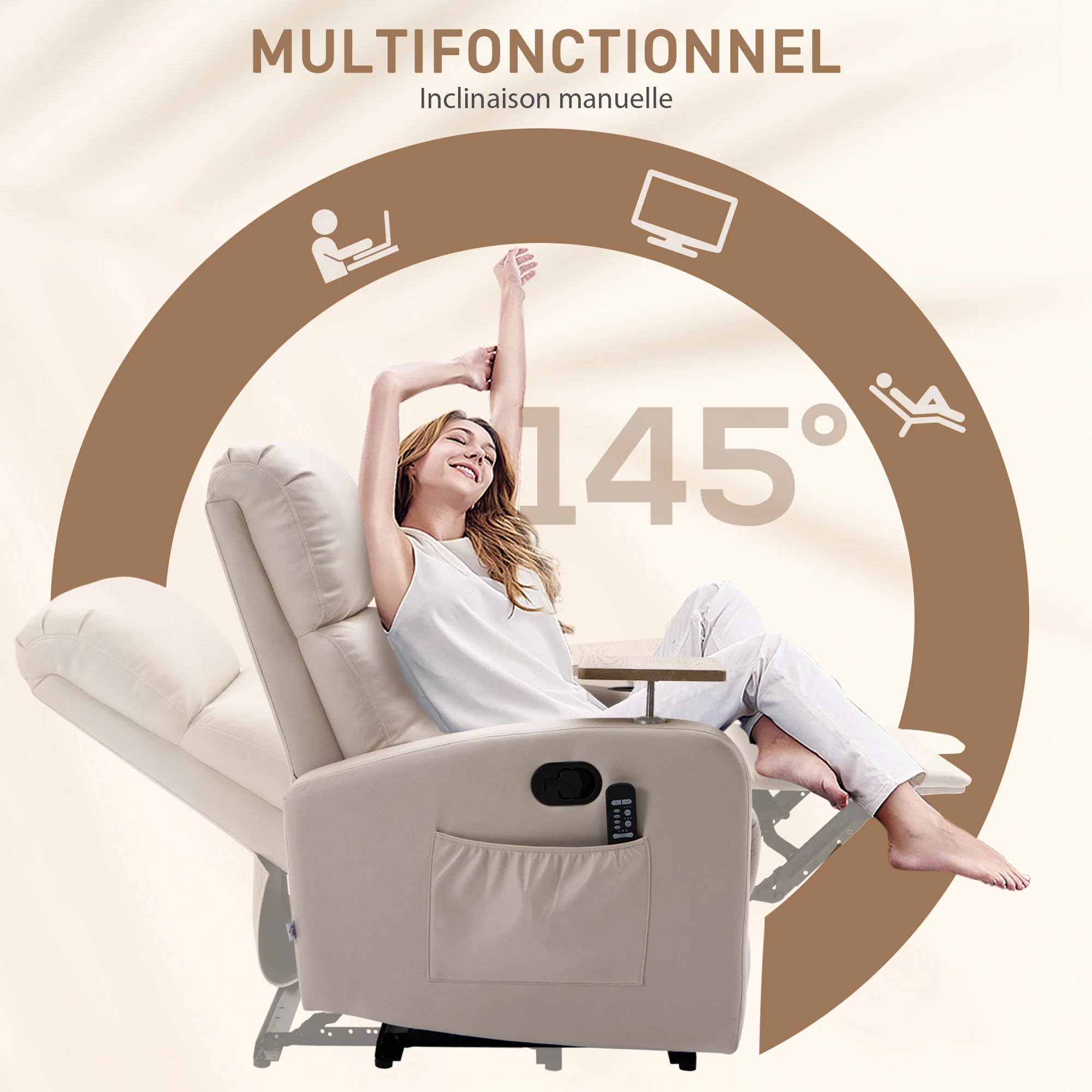 Fauteuil Relax Électrique Fauteuil Massant Inclinable avec Tablette, Poches latérales et Télécommande pour Salon et Chambre- en Microfibre Beige - Image 6