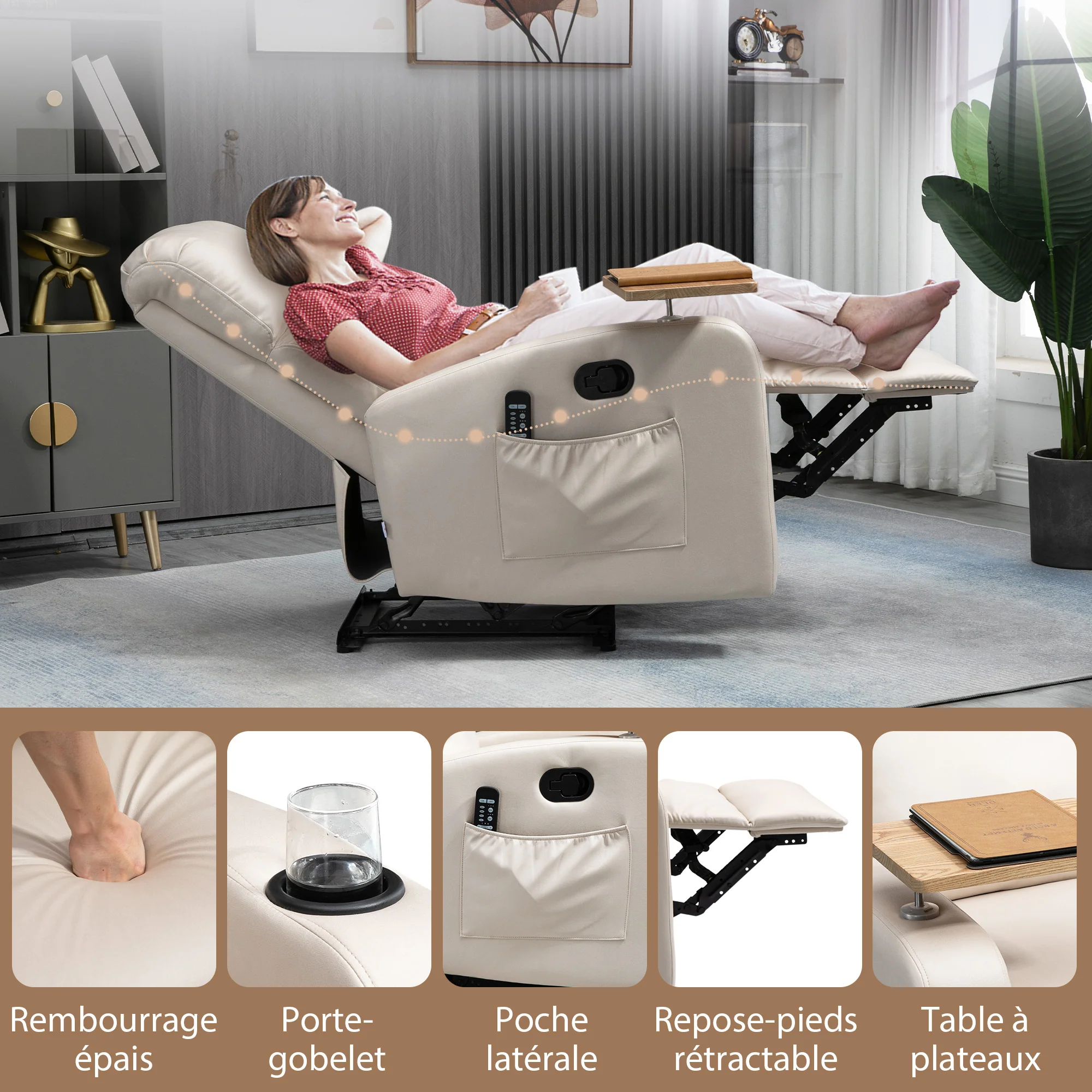 Fauteuil Relax Électrique Fauteuil Massant Inclinable avec Tablette, Poches latérales et Télécommande pour Salon et Chambre- en Microfibre Beige - Image 8
