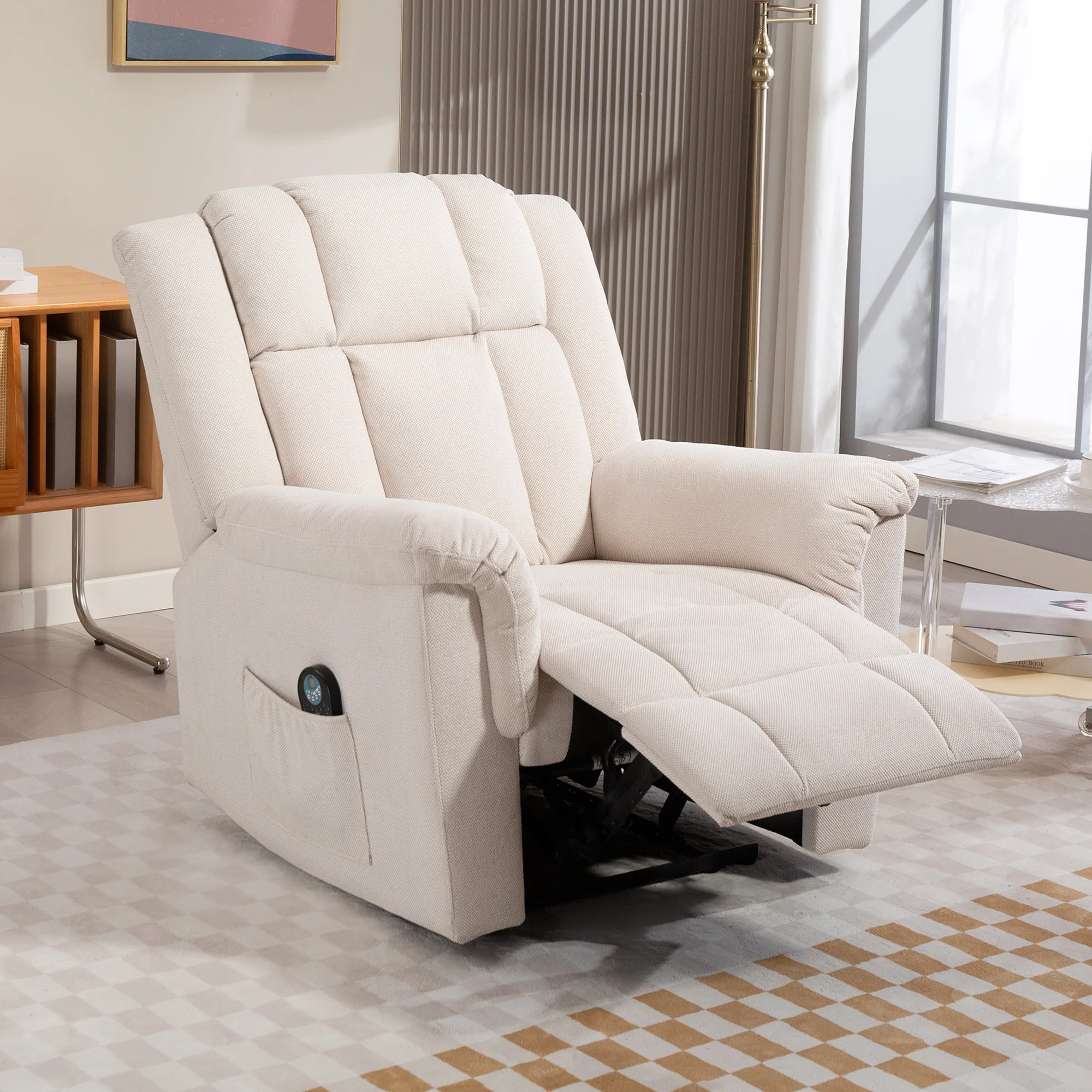 Fauteuil relax électrique massant et chauffant, fauteuil inclinable tissu chenille avec dossier et repose-pieds réglable manuellement, poche latérale, pour chambre, salon et home cinéma, beige - Image 10