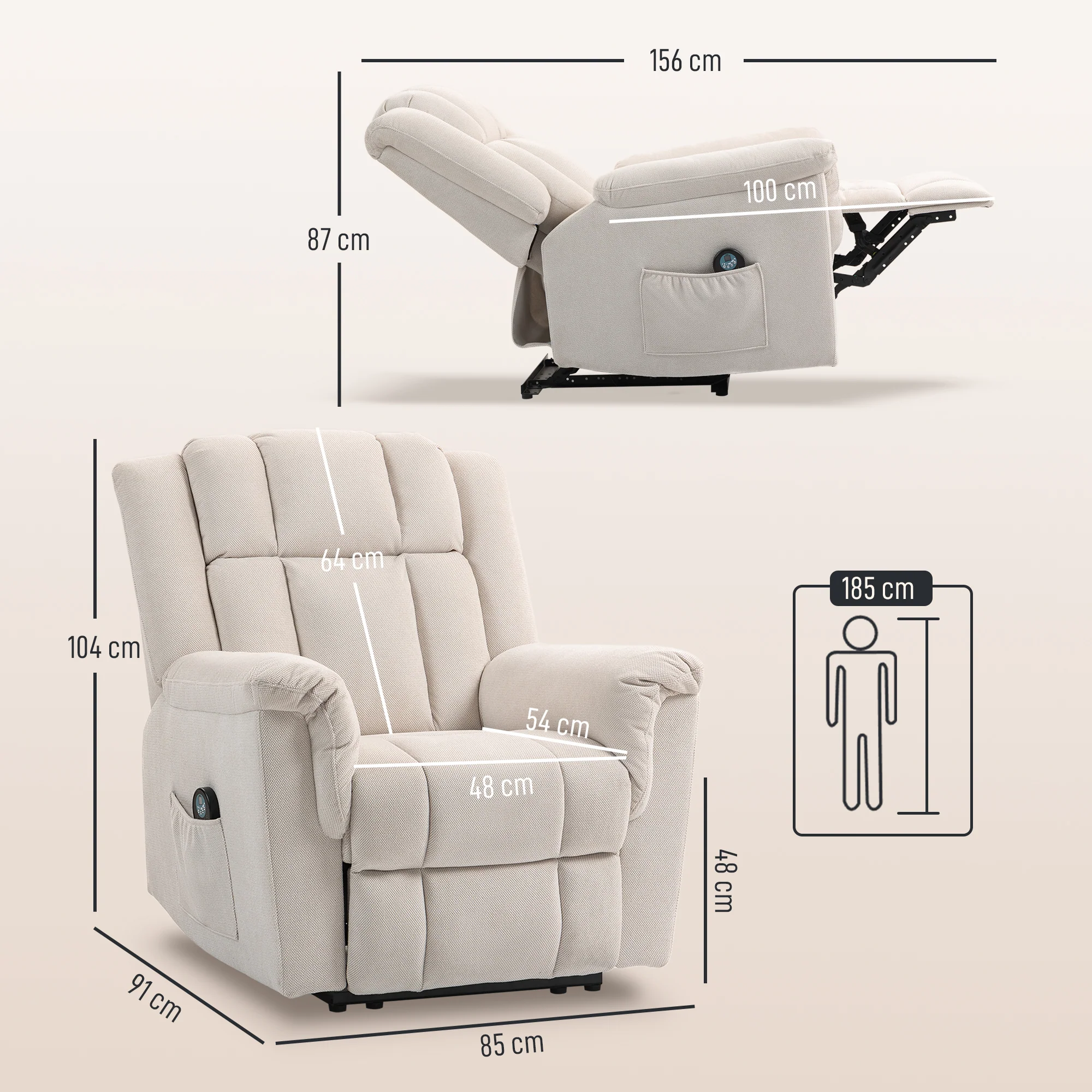 Fauteuil relax électrique massant et chauffant, fauteuil inclinable tissu chenille avec dossier et repose-pieds réglable manuellement, poche latérale, pour chambre, salon et home cinéma, beige - Image 4