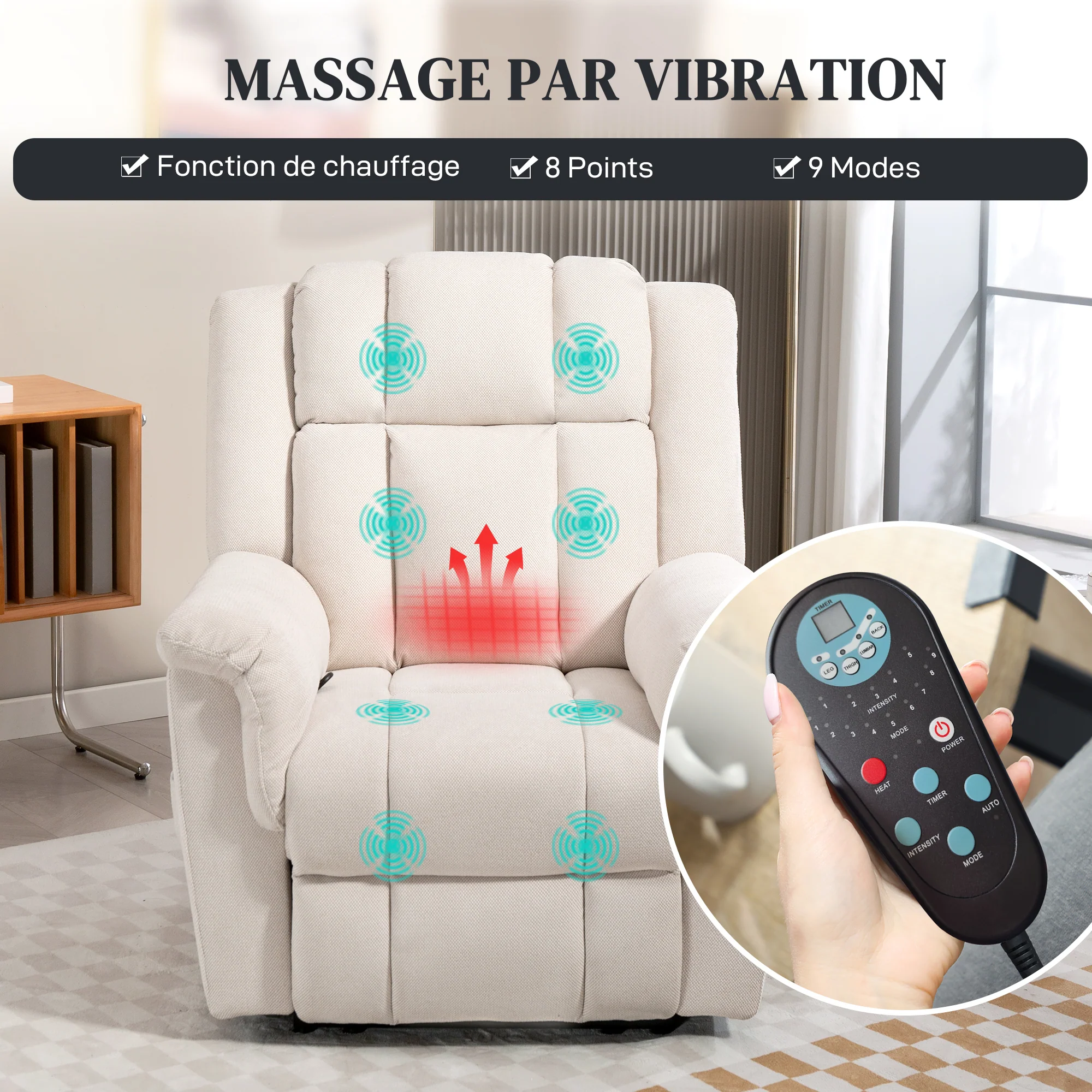 Fauteuil relax électrique massant et chauffant, fauteuil inclinable tissu chenille avec dossier et repose-pieds réglable manuellement, poche latérale, pour chambre, salon et home cinéma, beige - Image 5