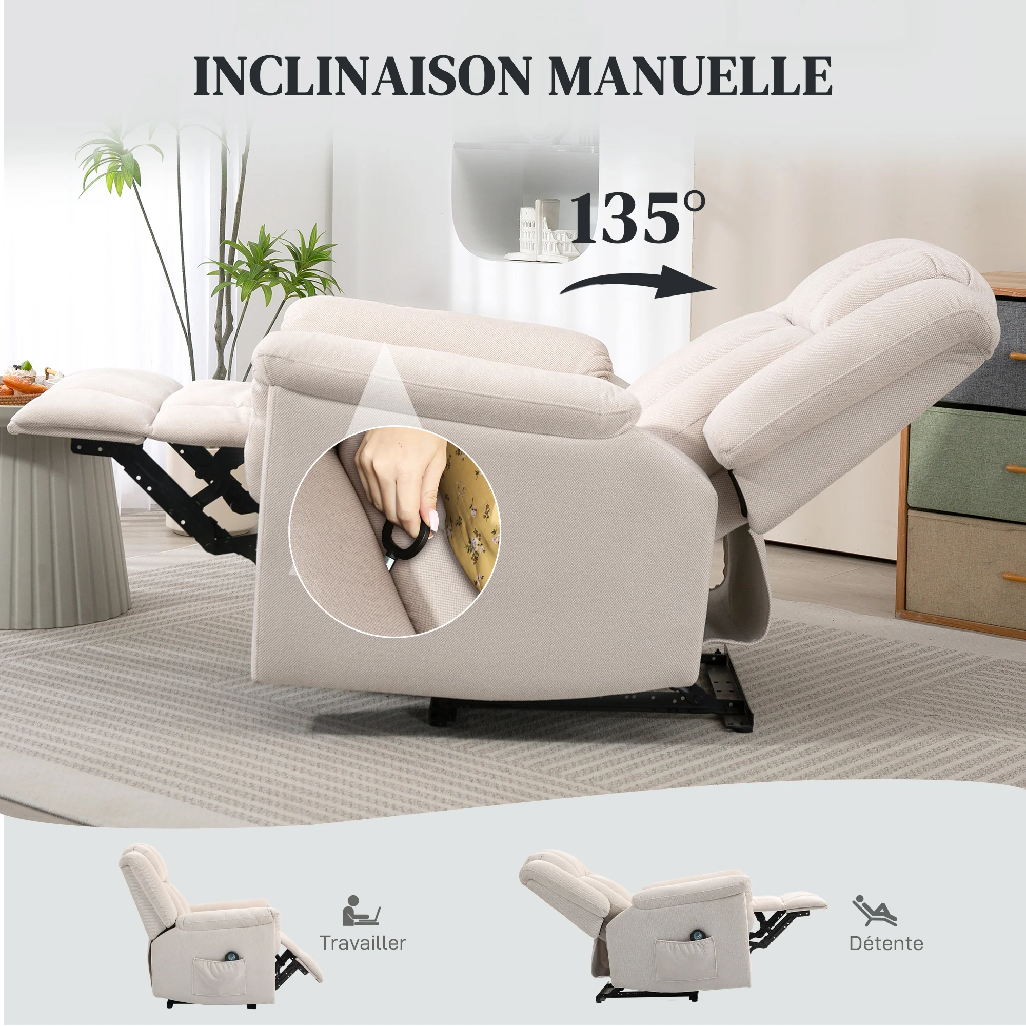 Fauteuil relax électrique massant et chauffant, fauteuil inclinable tissu chenille avec dossier et repose-pieds réglable manuellement, poche latérale, pour chambre, salon et home cinéma, beige - Image 6