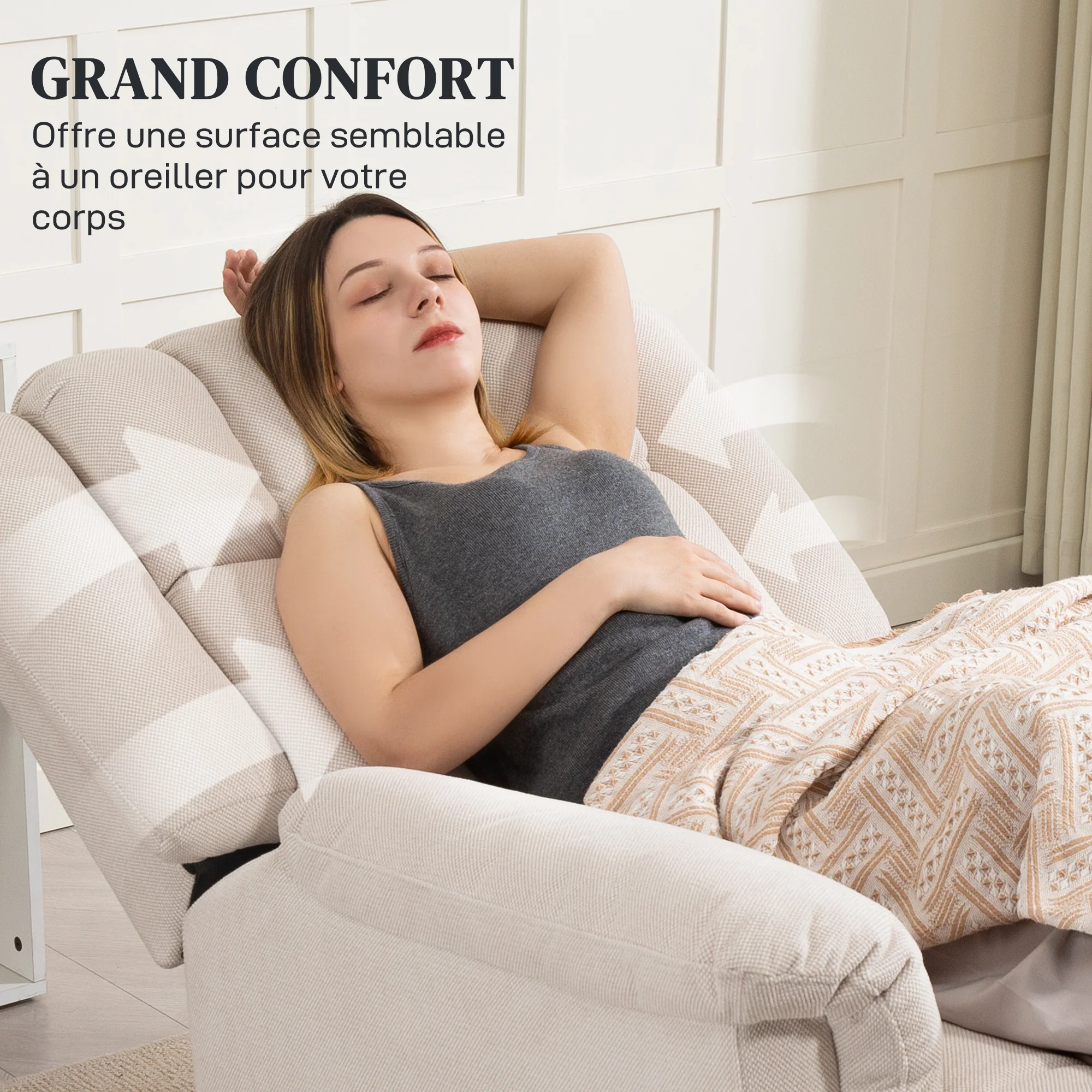 Fauteuil relax électrique massant et chauffant, fauteuil inclinable tissu chenille avec dossier et repose-pieds réglable manuellement, poche latérale, pour chambre, salon et home cinéma, beige - Image 8