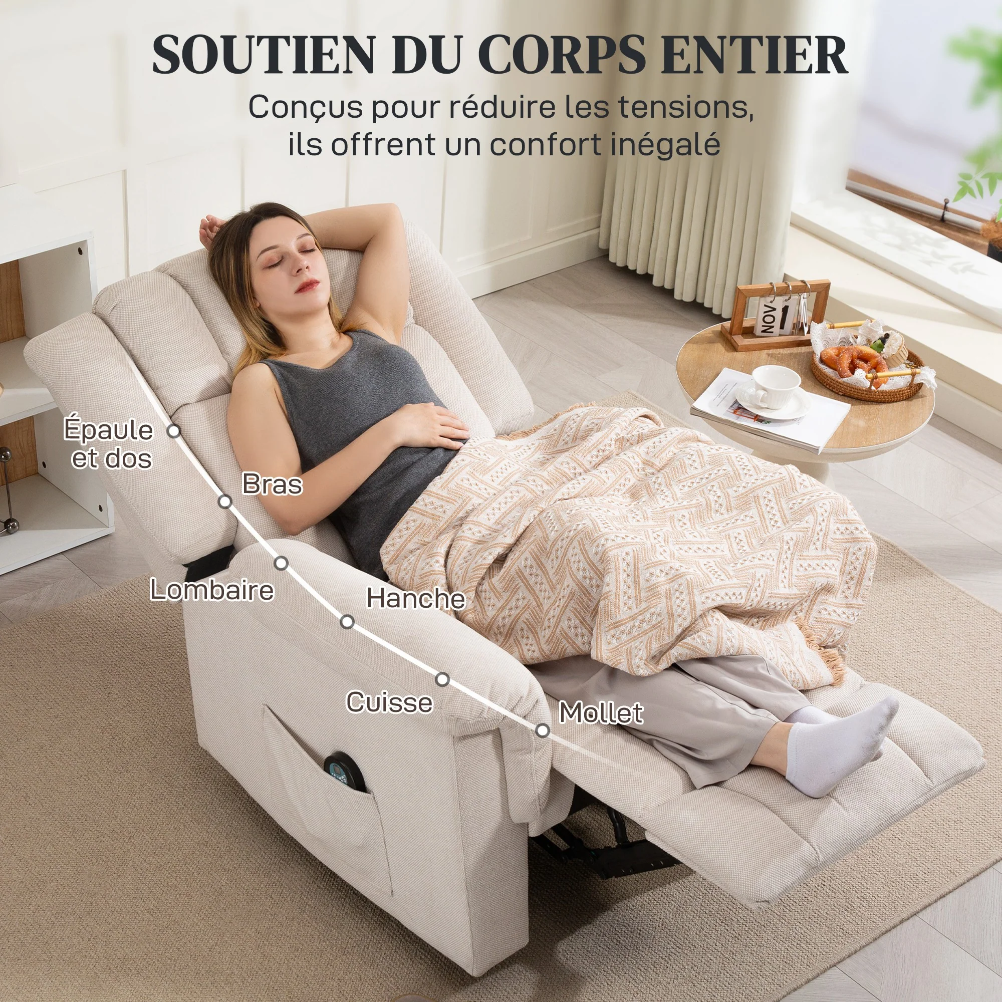Fauteuil relax électrique massant et chauffant, fauteuil inclinable tissu chenille avec dossier et repose-pieds réglable manuellement, poche latérale, pour chambre, salon et home cinéma, beige - Image 9