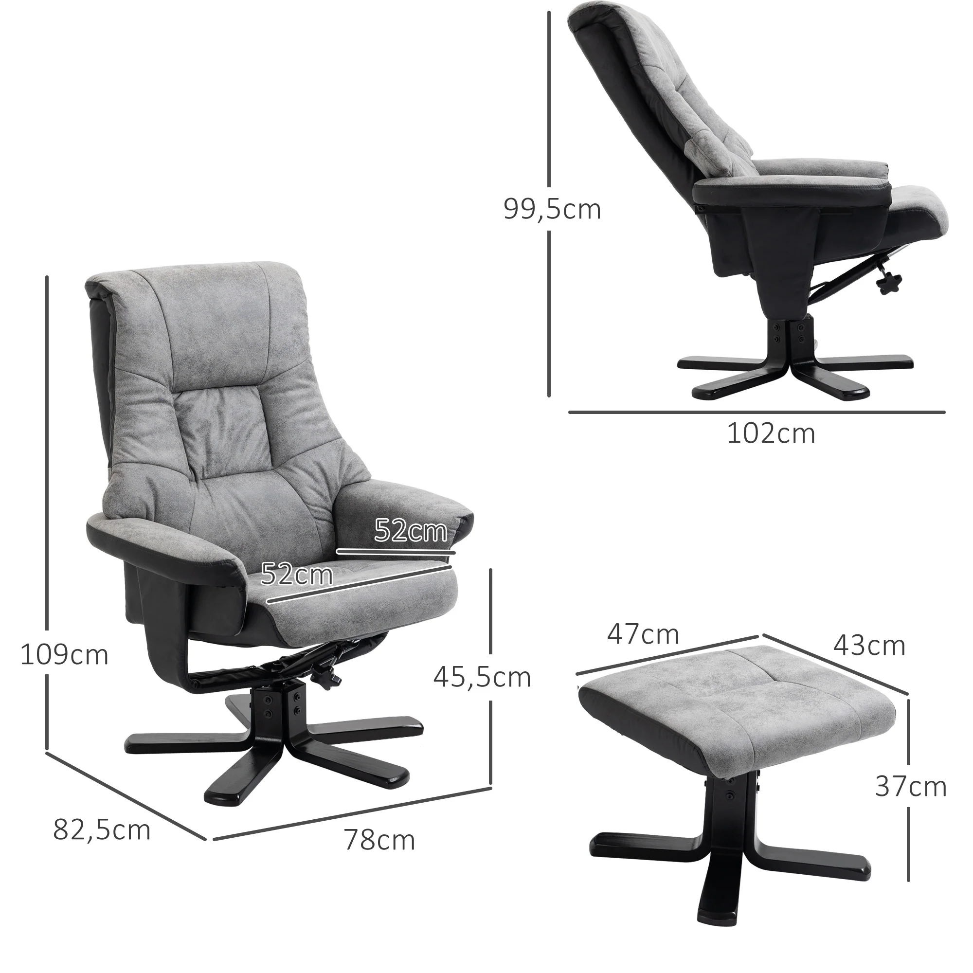 Fauteuil relax fauteuil de relaxation inclinable 135° avec repose-pieds pivotant 360° revêtement microfibre pieds en bois massif assise épais rembourrée gris - Image 4