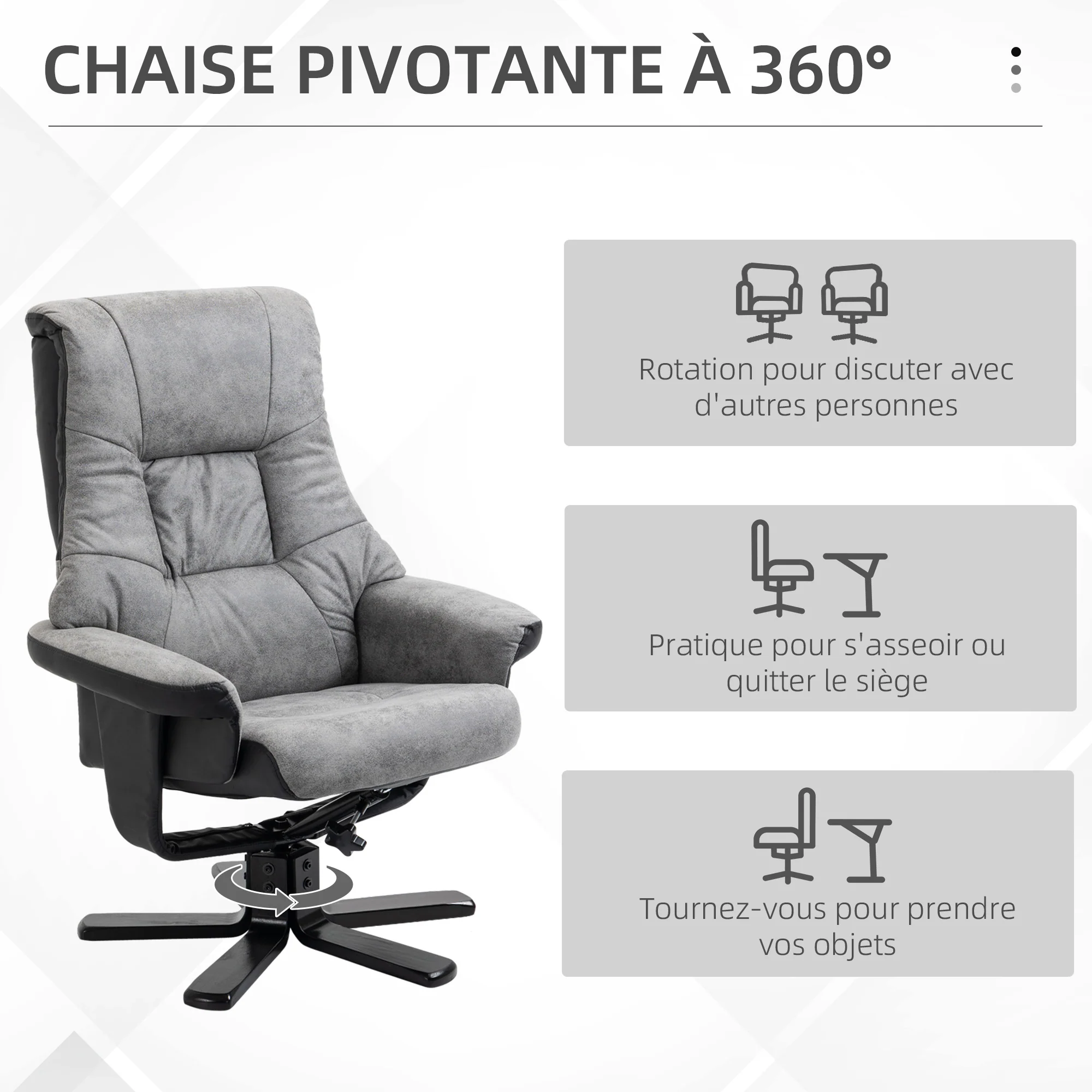 Fauteuil relax fauteuil de relaxation inclinable 135° avec repose-pieds pivotant 360° revêtement microfibre pieds en bois massif assise épais rembourrée gris - Image 5