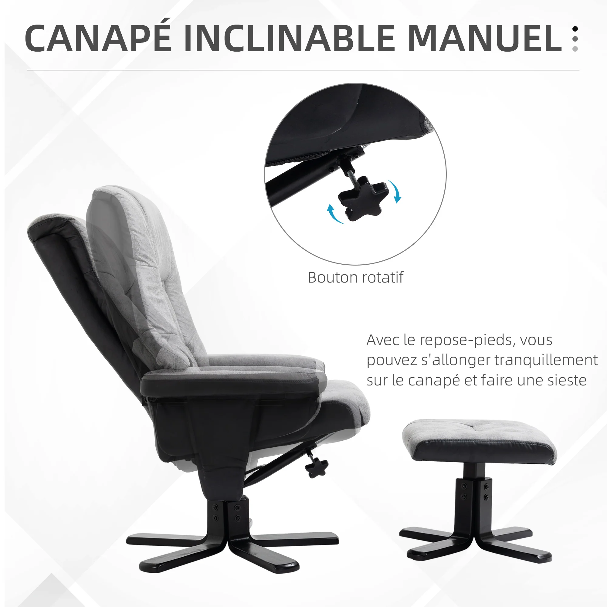 Fauteuil relax fauteuil de relaxation inclinable 135° avec repose-pieds pivotant 360° revêtement microfibre pieds en bois massif assise épais rembourrée gris - Image 7