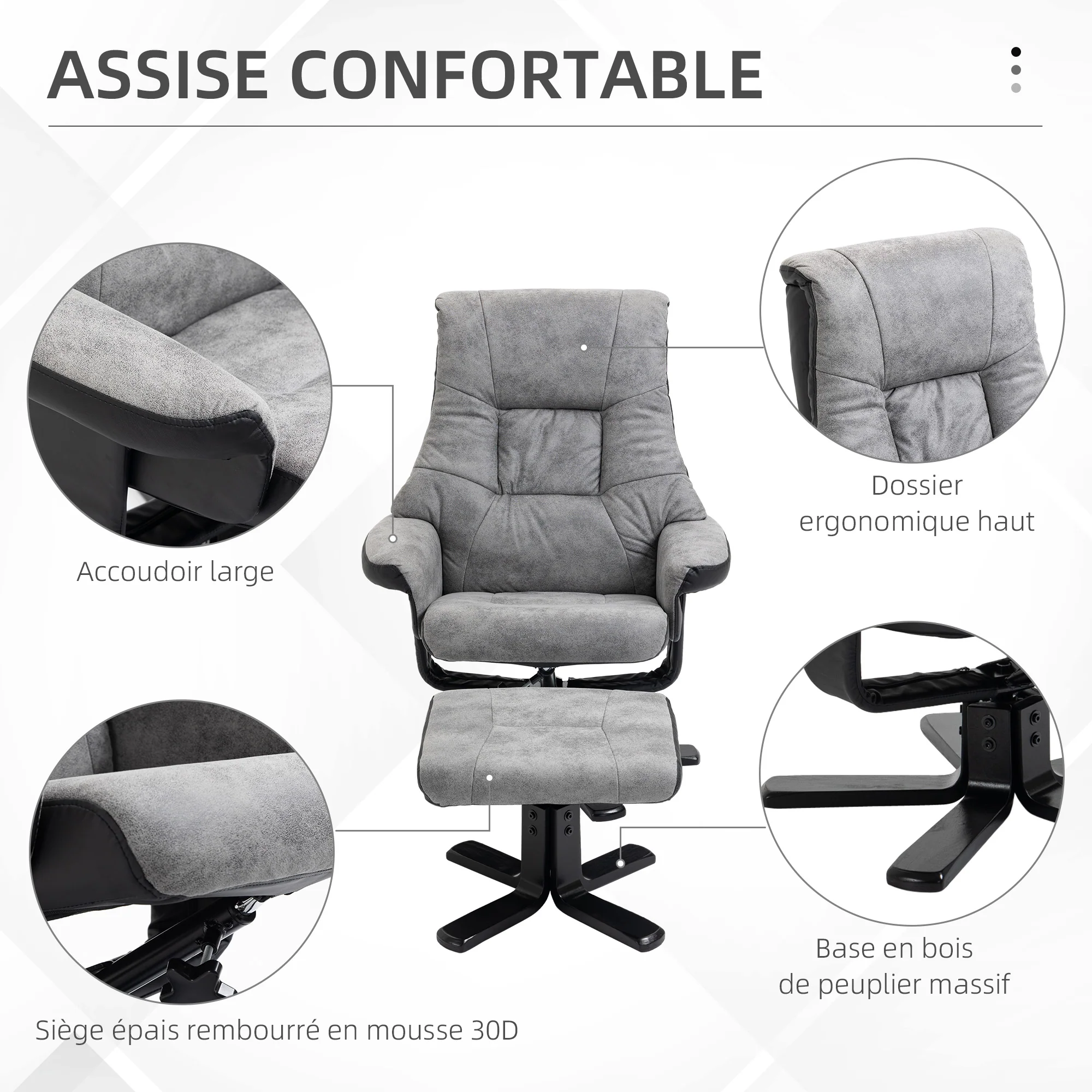 Fauteuil relax fauteuil de relaxation inclinable 135° avec repose-pieds pivotant 360° revêtement microfibre pieds en bois massif assise épais rembourrée gris - Image 8
