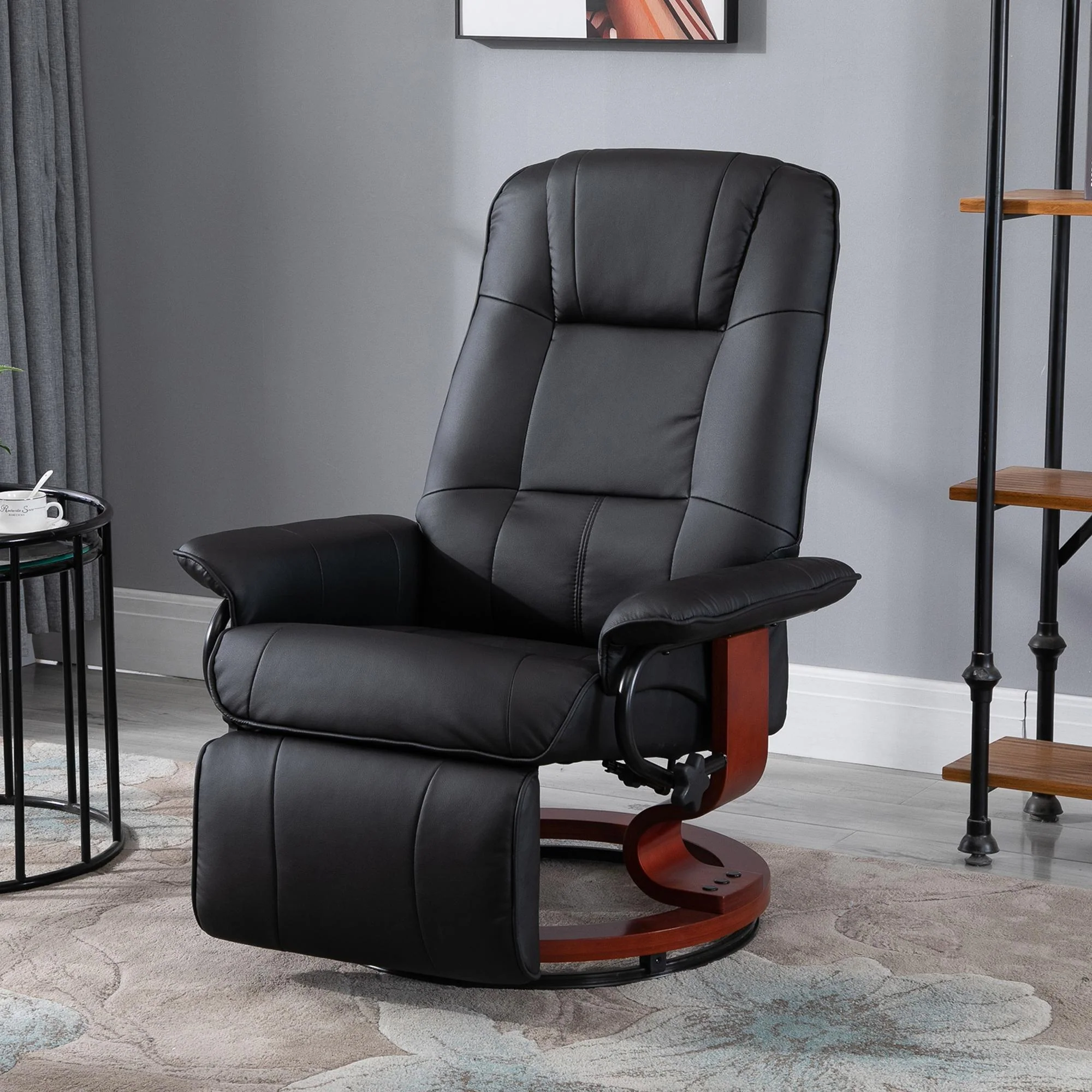 Fauteuil relax inclinable fauteuil de salon repose-pieds réglable pivotant 360° piètement bois revêtement synthétique noir - Image 3