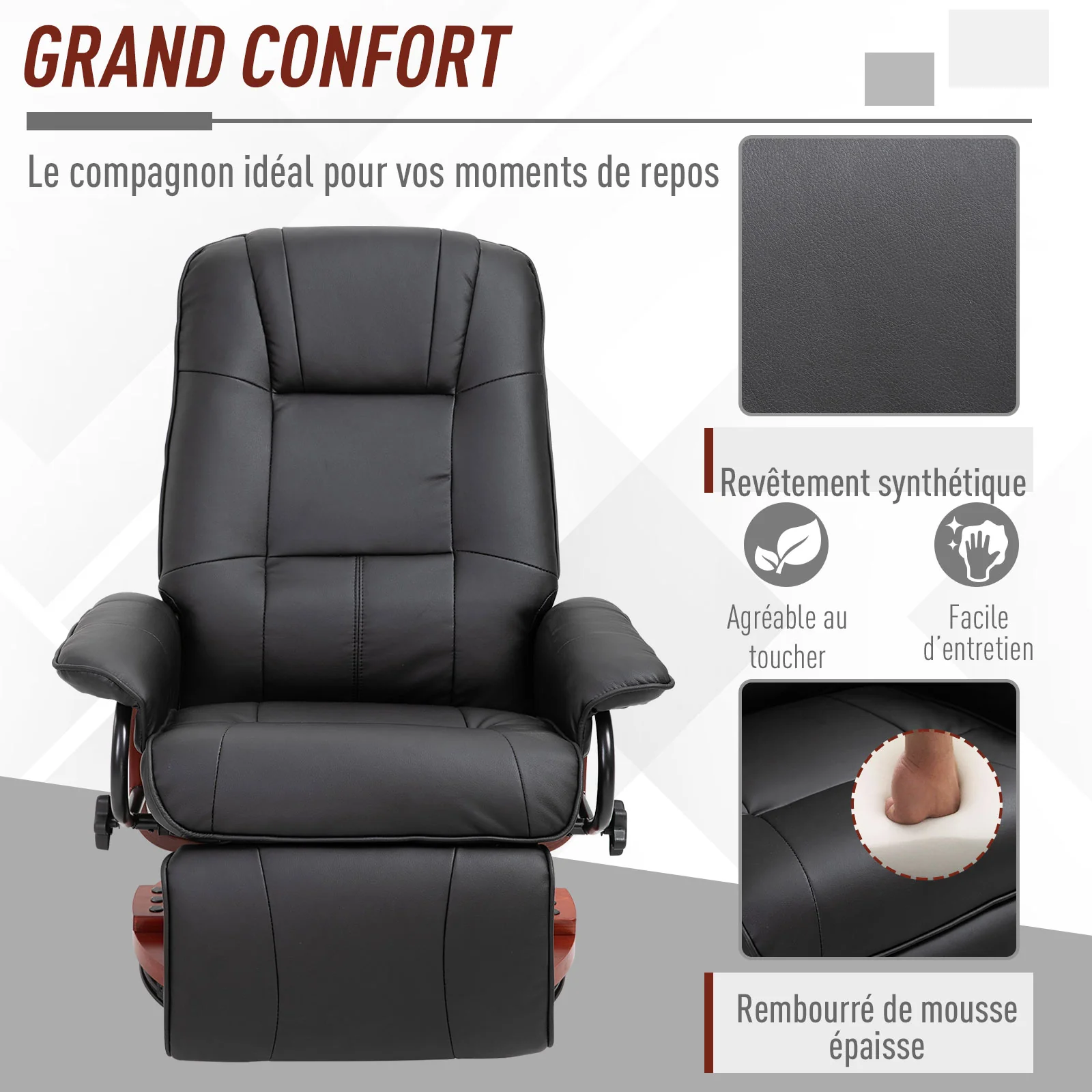 Fauteuil relax inclinable fauteuil de salon repose-pieds réglable pivotant 360° piètement bois revêtement synthétique noir - Image 6