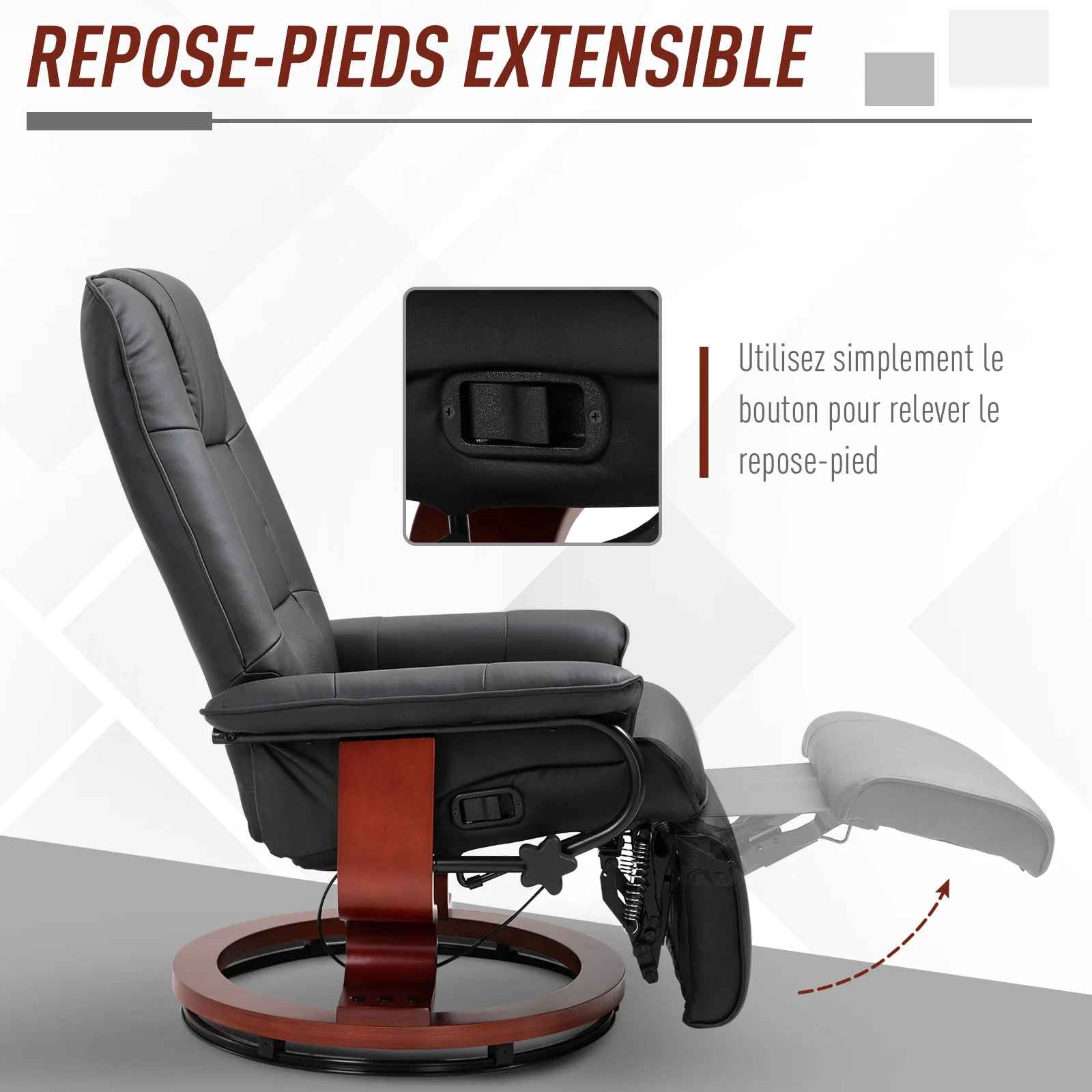 Fauteuil relax inclinable fauteuil de salon repose-pieds réglable pivotant 360° piètement bois revêtement synthétique noir - Image 7