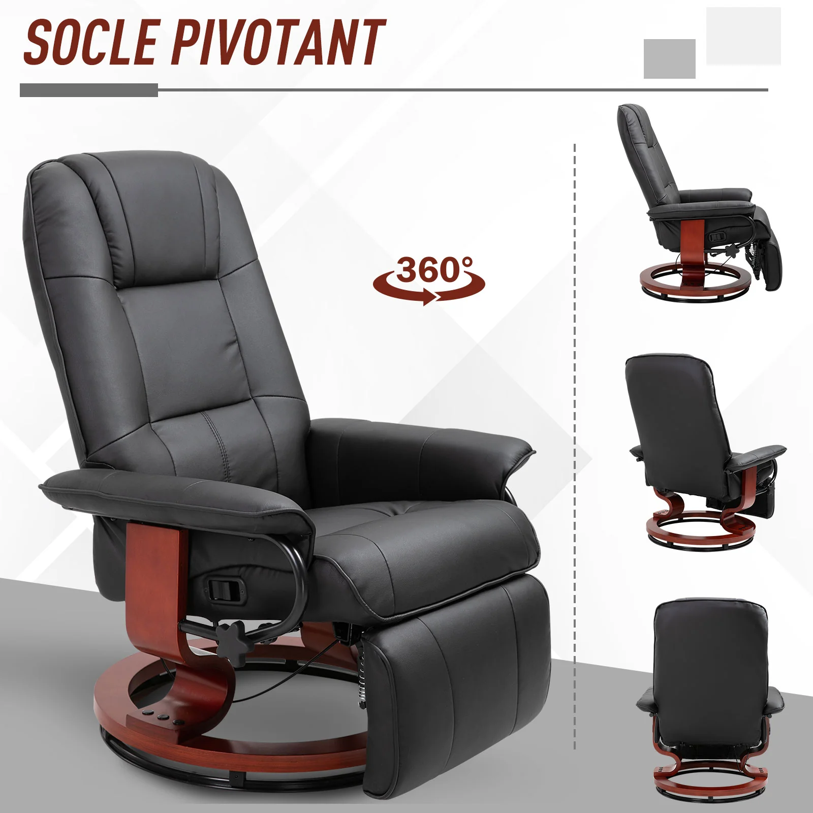Fauteuil relax inclinable fauteuil de salon repose-pieds réglable pivotant 360° piètement bois revêtement synthétique noir - Image 8