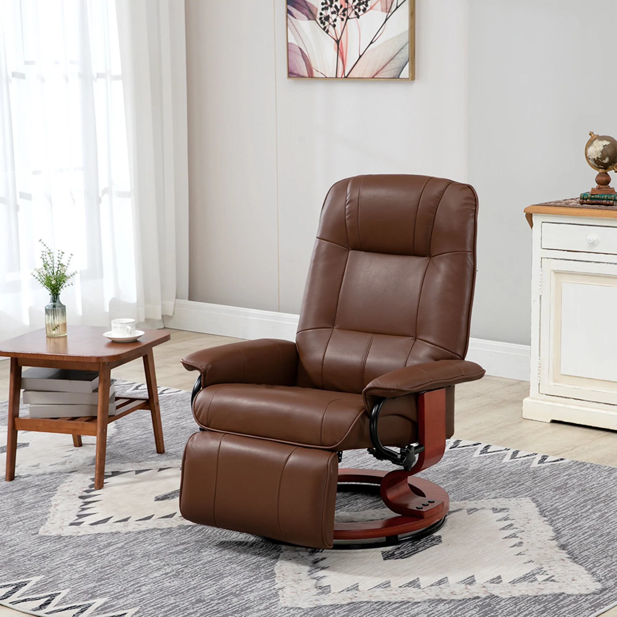 Fauteuil relax inclinable fauteuil de salon repose-pieds réglable pivotant 360° piètement bois revêtement synthétique marron - Image 3
