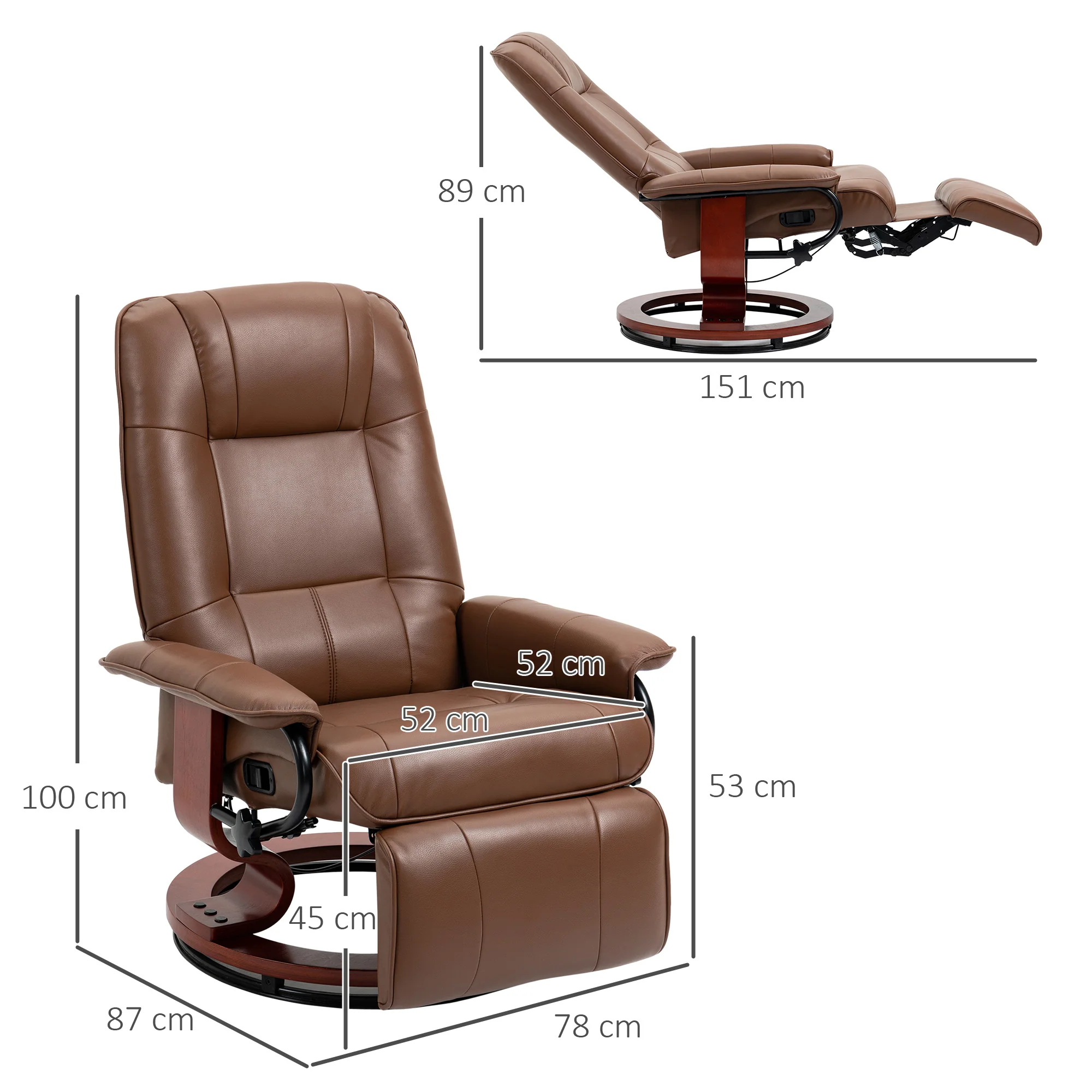 Fauteuil relax inclinable fauteuil de salon repose-pieds réglable pivotant 360° piètement bois revêtement synthétique marron - Image 4