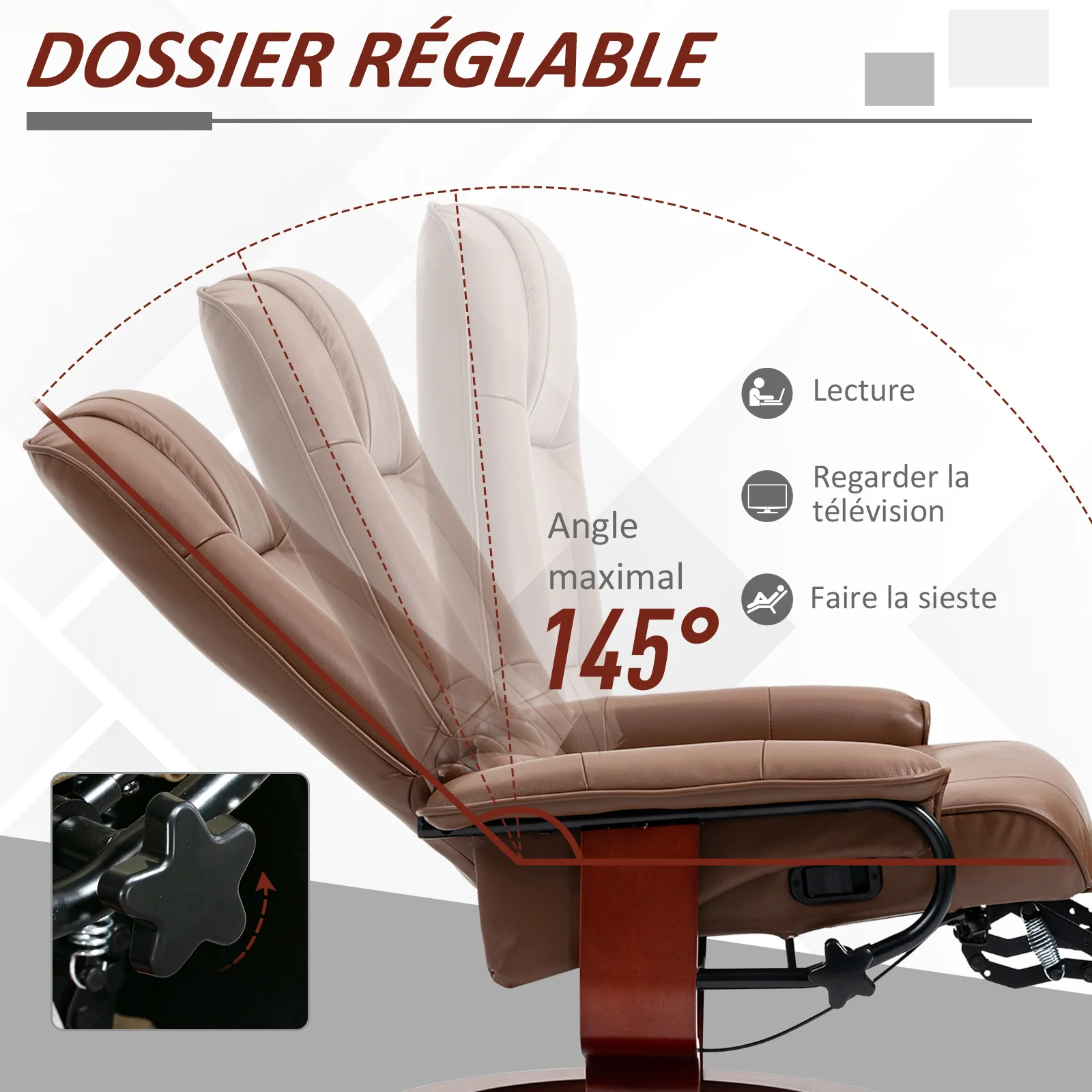 Fauteuil relax inclinable fauteuil de salon repose-pieds réglable pivotant 360° piètement bois revêtement synthétique marron - Image 5