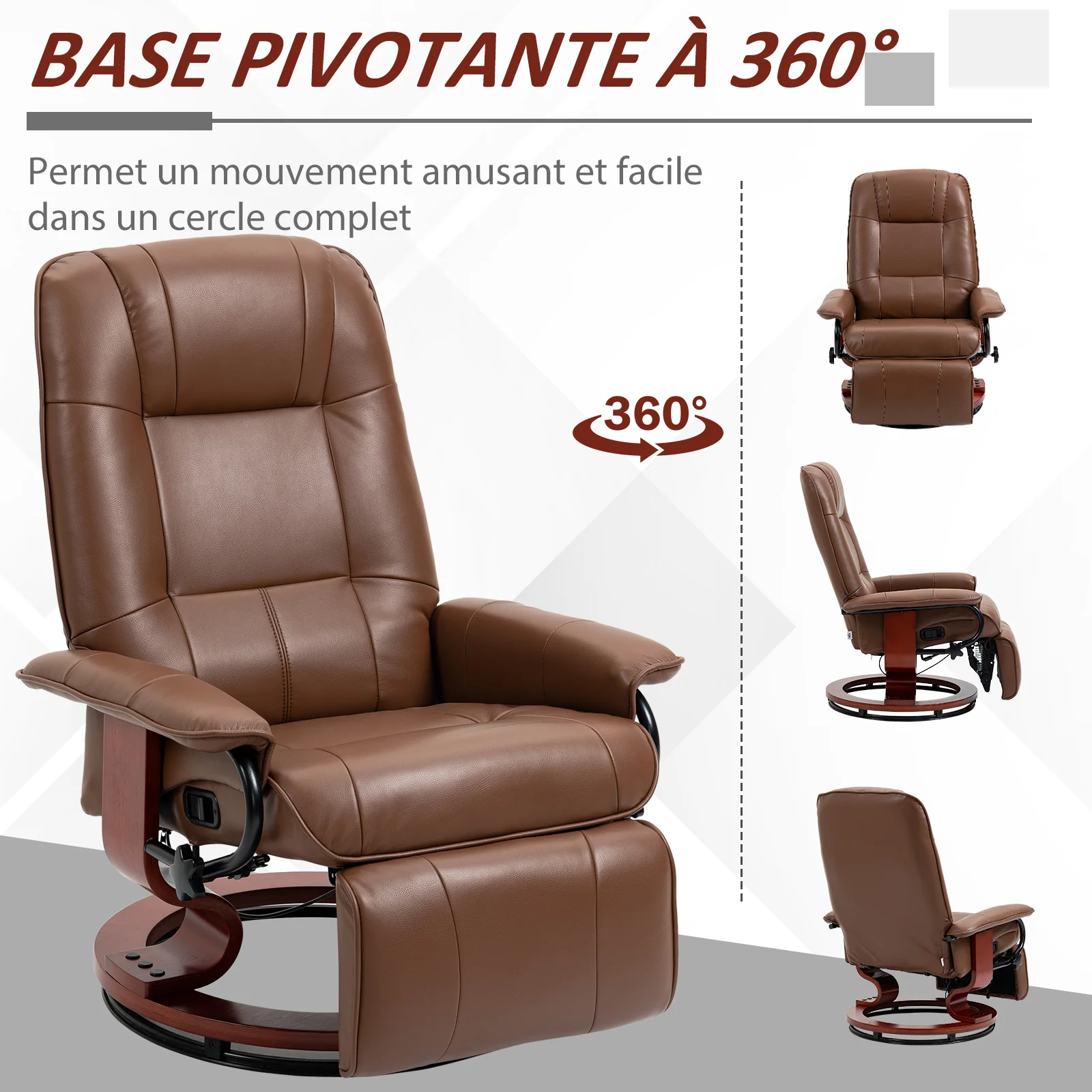 Fauteuil relax inclinable fauteuil de salon repose-pieds réglable pivotant 360° piètement bois revêtement synthétique marron - Image 6