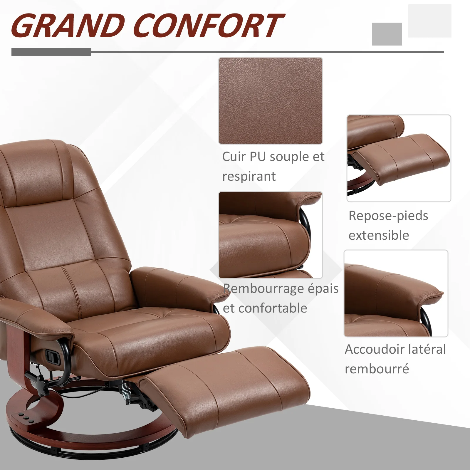 Fauteuil relax inclinable fauteuil de salon repose-pieds réglable pivotant 360° piètement bois revêtement synthétique marron - Image 7