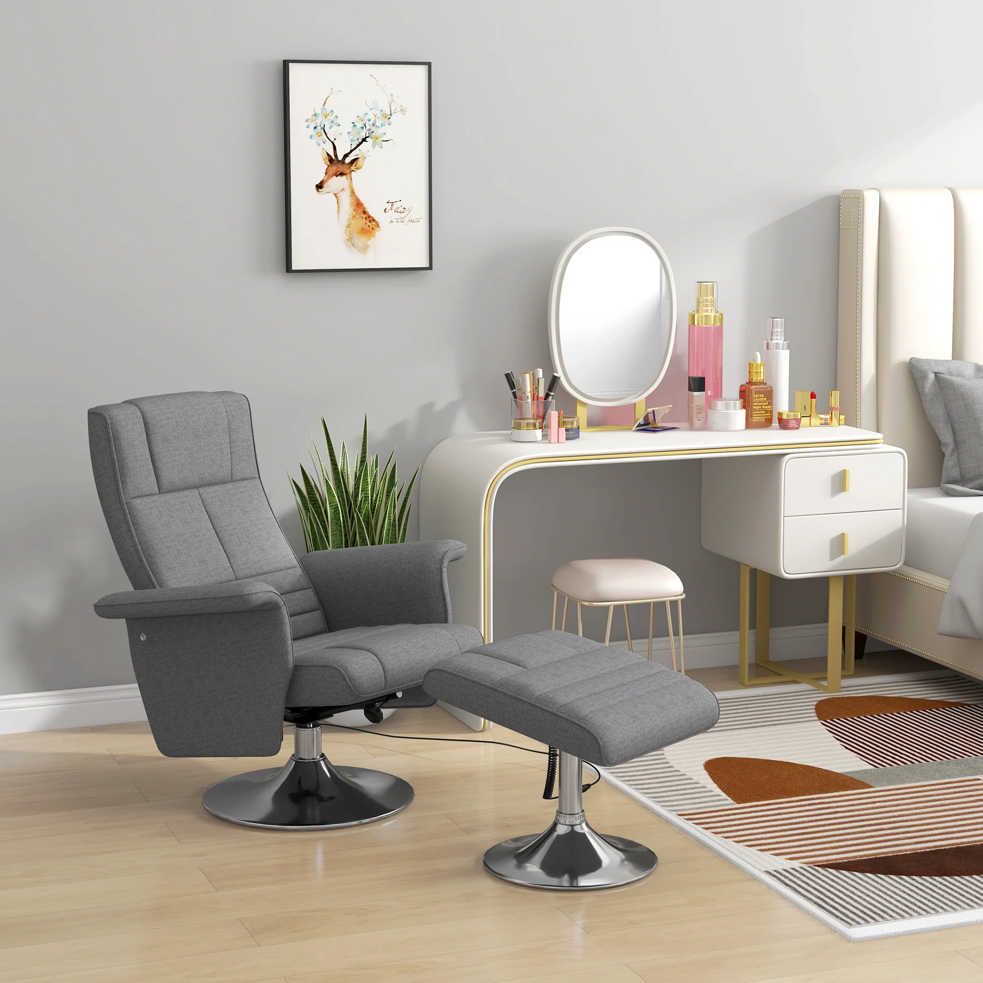 Fauteuil relax massant par vibrations avec pouf, fauteuil TV avec fonction chaise longue, siège pivotant à 360° assise rembourrée confortable, pour salon, chambre, tissu effet lin, gris foncé - Image 11