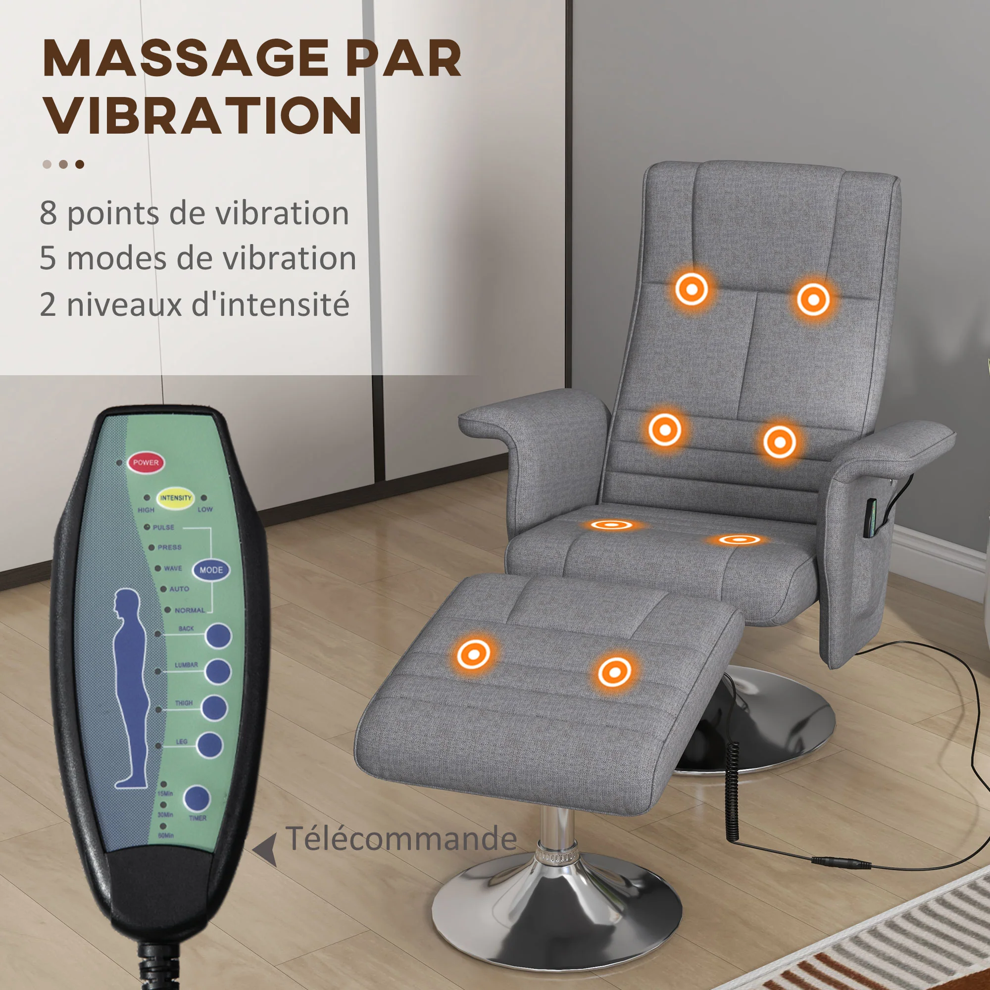 Fauteuil relax massant par vibrations avec pouf, fauteuil TV avec fonction chaise longue, siège pivotant à 360° assise rembourrée confortable, pour salon, chambre, tissu effet lin, gris foncé - Image 5