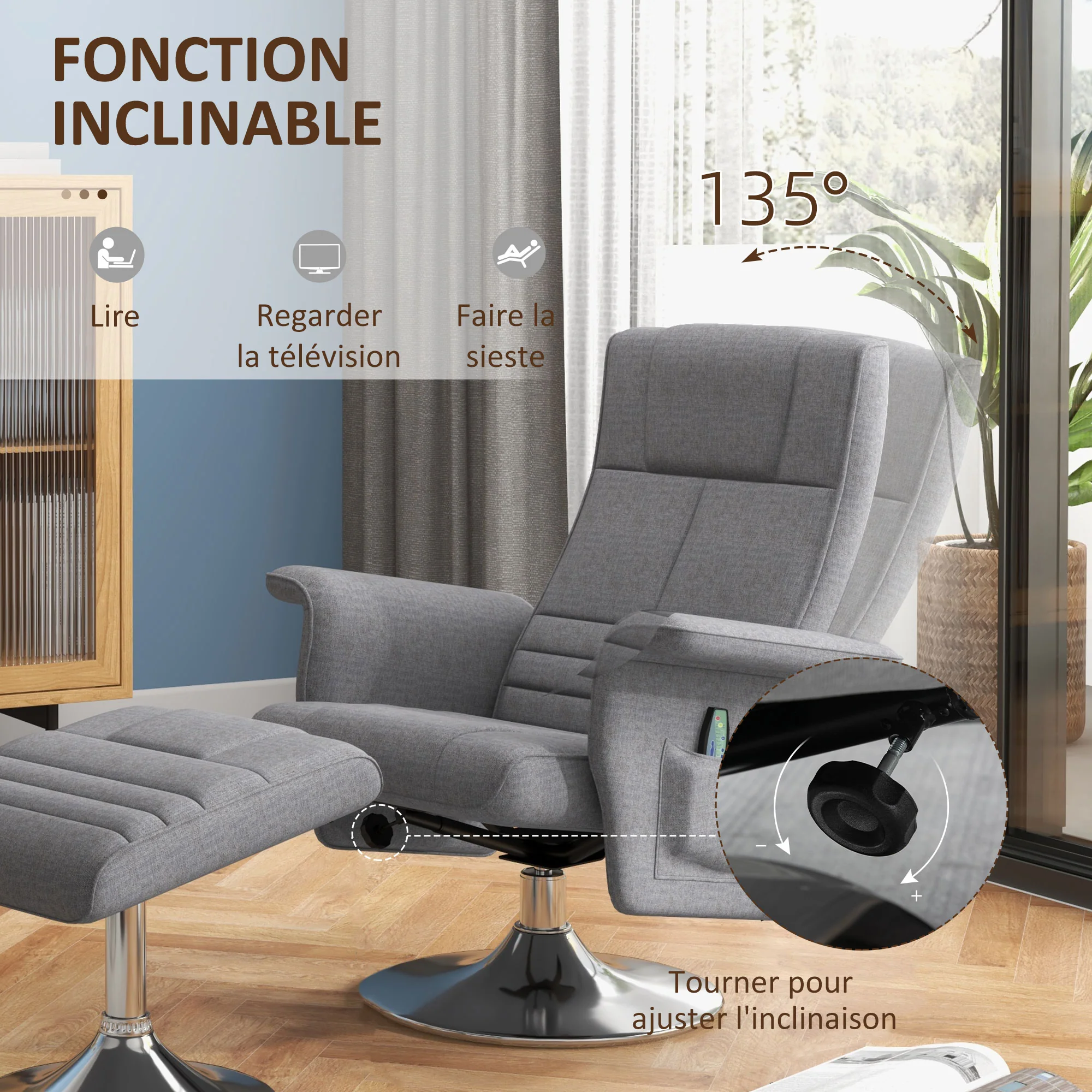 Fauteuil relax massant par vibrations avec pouf, fauteuil TV avec fonction chaise longue, siège pivotant à 360° assise rembourrée confortable, pour salon, chambre, tissu effet lin, gris foncé - Image 6