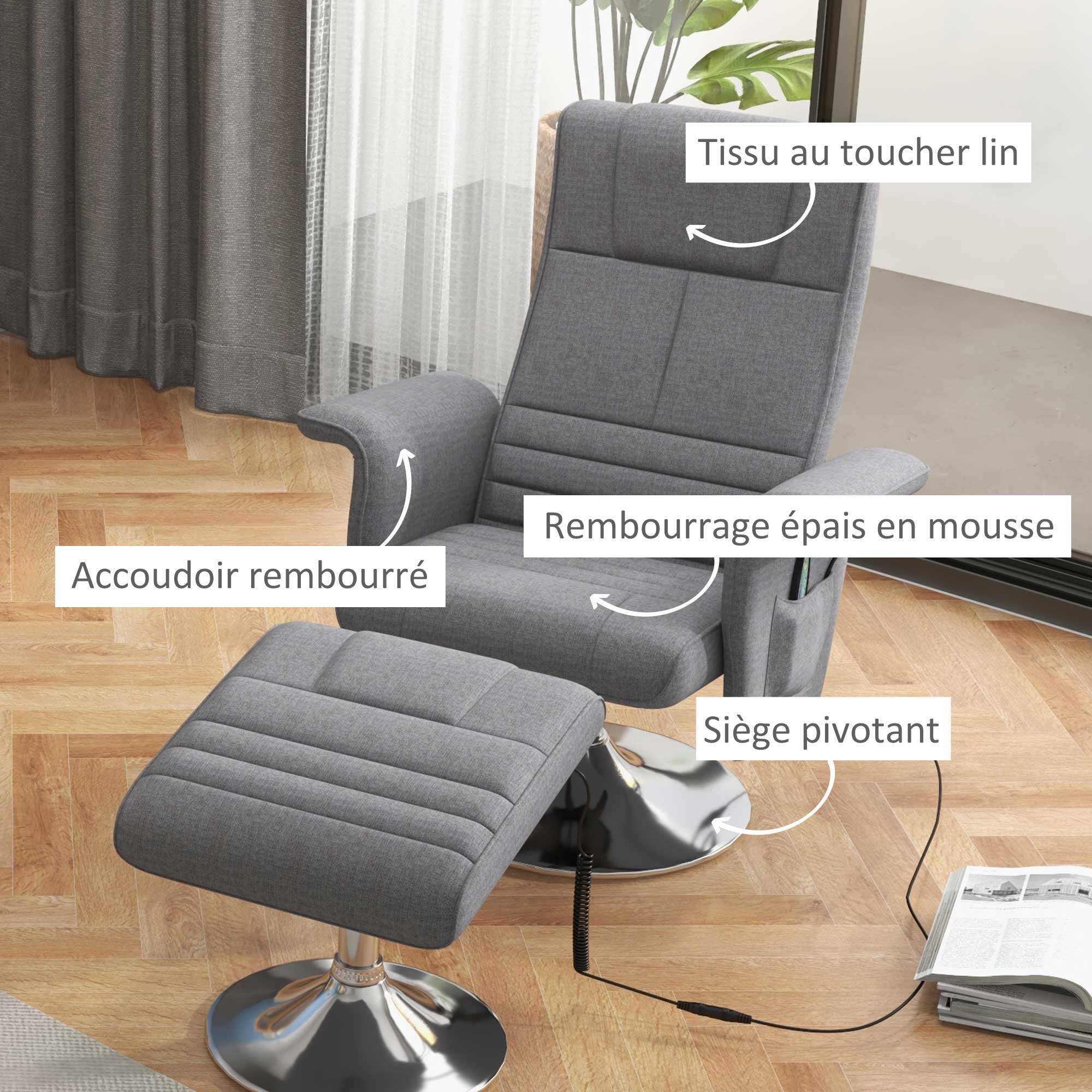 Fauteuil relax massant par vibrations avec pouf, fauteuil TV avec fonction chaise longue, siège pivotant à 360° assise rembourrée confortable, pour salon, chambre, tissu effet lin, gris foncé - Image 8
