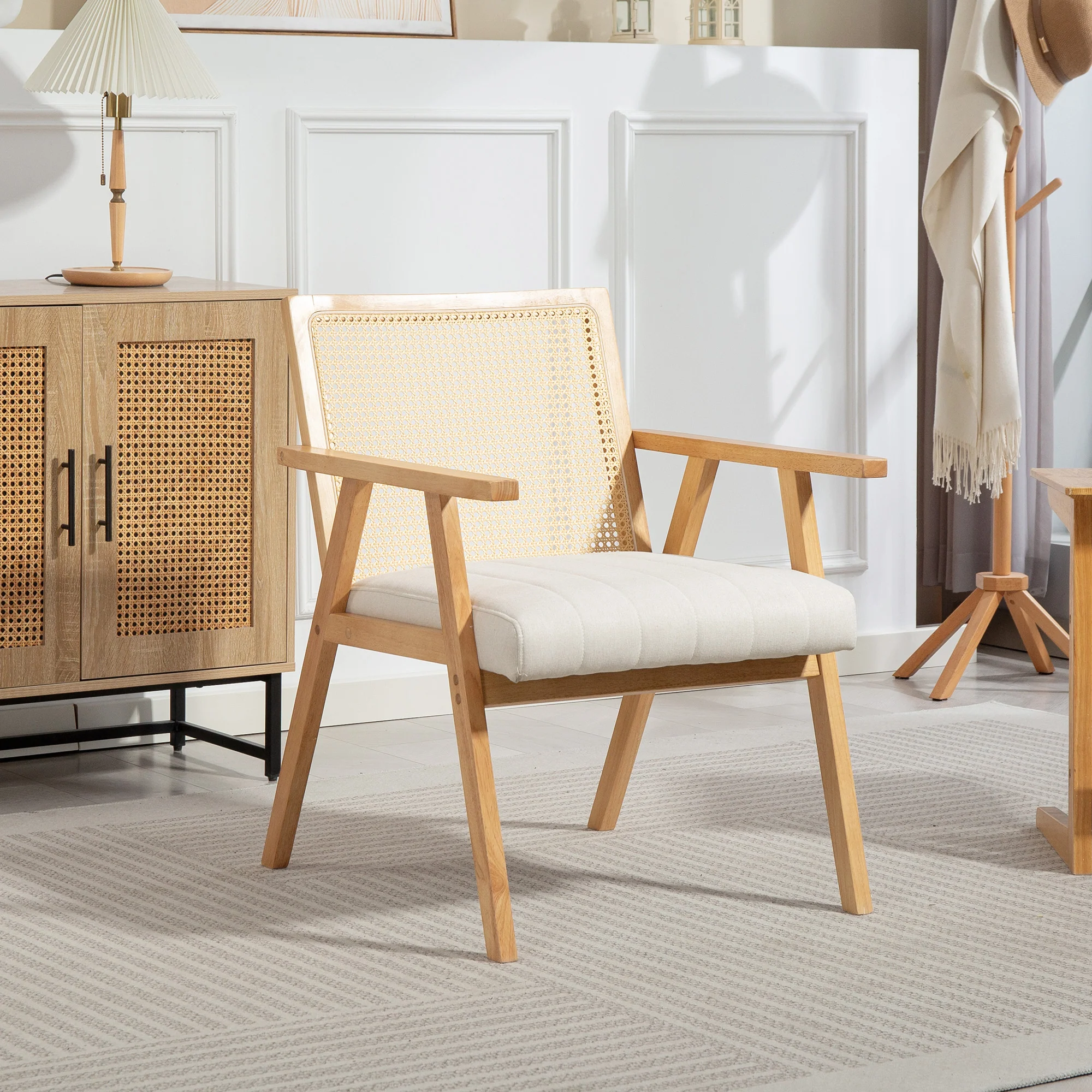 Fauteuil Relax pour Salon Chambre Confortable, Chaise cannage avec Dossier en rotin et Coussin rembourré et accoudoirs, Bois Naturel - Image 3