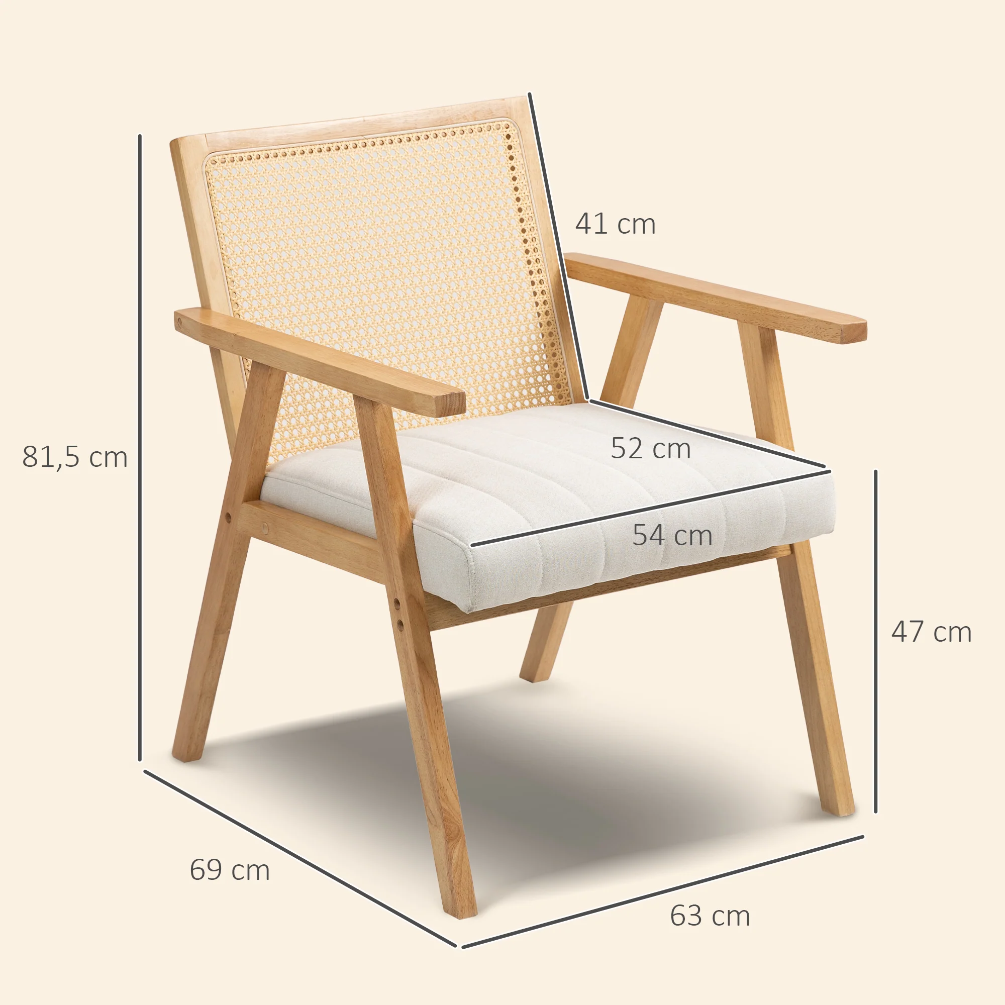 Fauteuil Relax pour Salon Chambre Confortable, Chaise cannage avec Dossier en rotin et Coussin rembourré et accoudoirs, Bois Naturel - Image 4