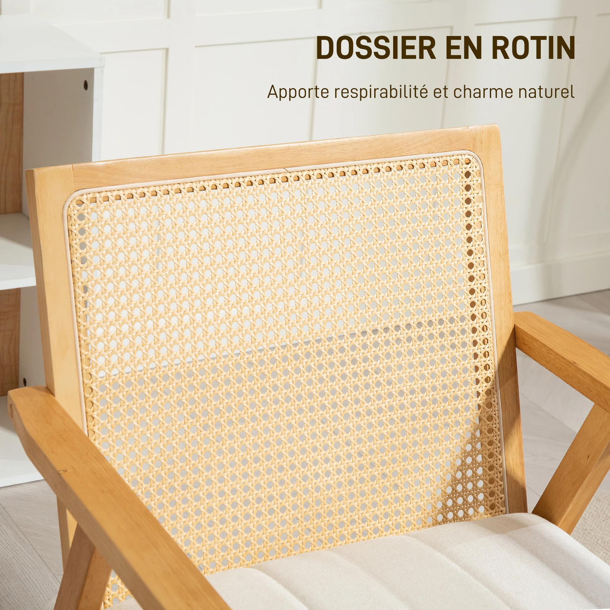 Fauteuil Relax pour Salon Chambre Confortable, Chaise cannage avec Dossier en rotin et Coussin rembourré et accoudoirs, Bois Naturel - Image 5