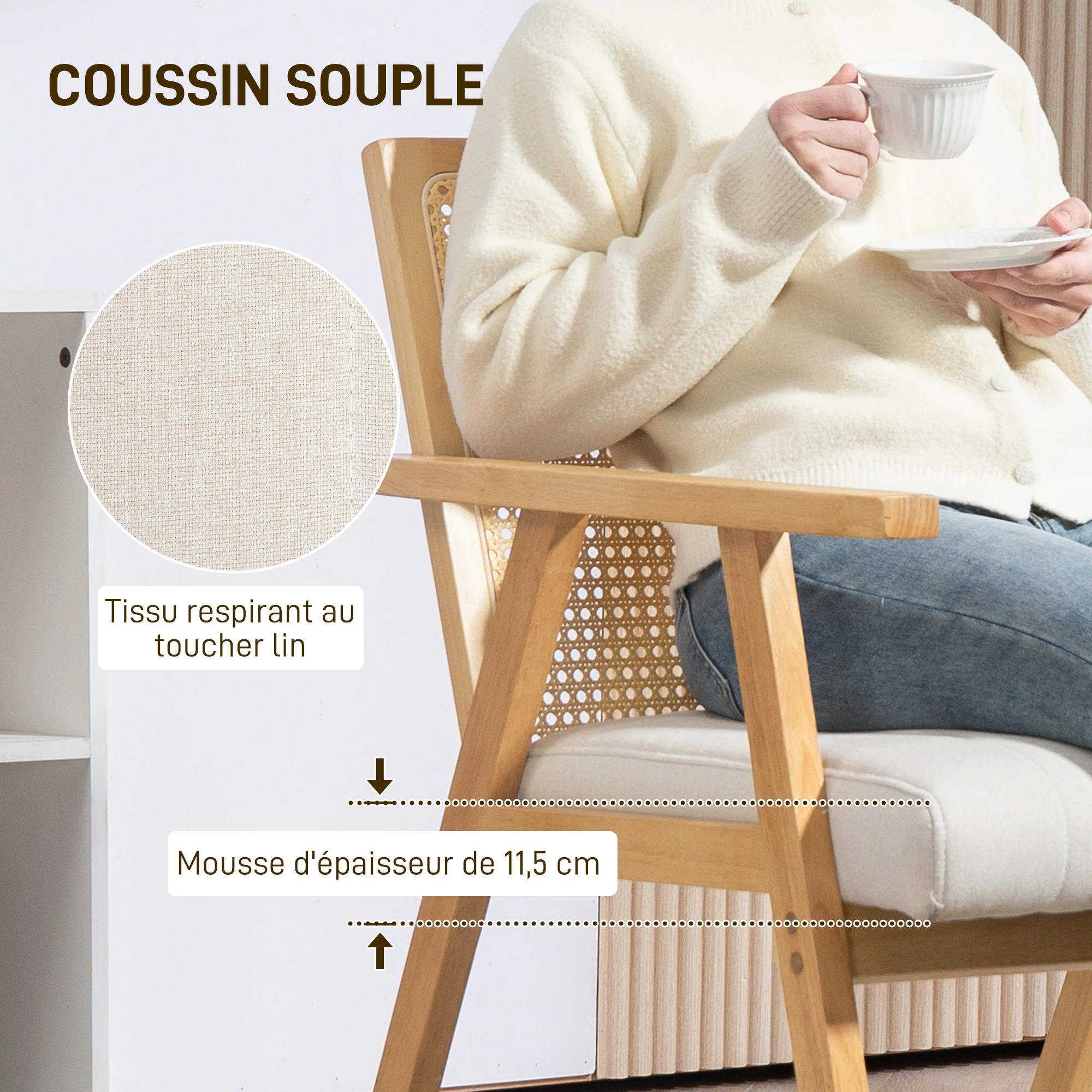 Fauteuil Relax pour Salon Chambre Confortable, Chaise cannage avec Dossier en rotin et Coussin rembourré et accoudoirs, Bois Naturel - Image 6