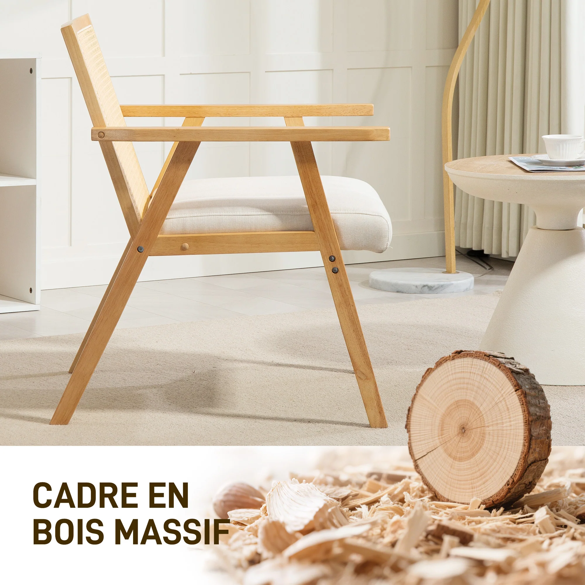 Fauteuil Relax pour Salon Chambre Confortable, Chaise cannage avec Dossier en rotin et Coussin rembourré et accoudoirs, Bois Naturel - Image 7