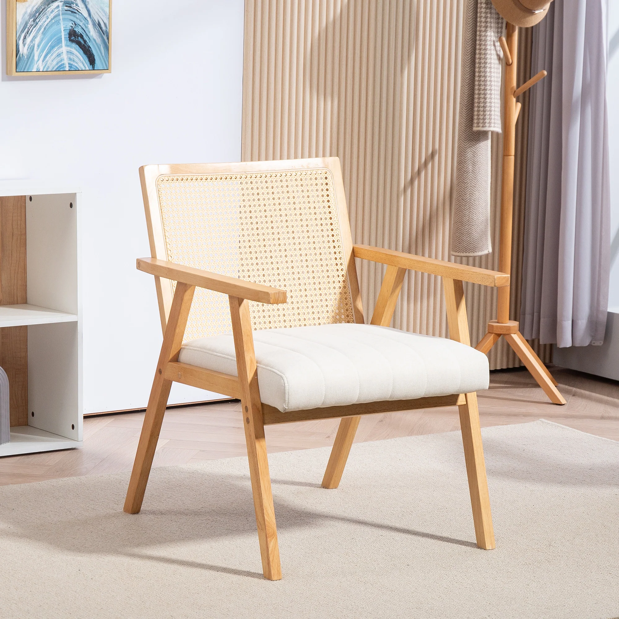 Fauteuil Relax pour Salon Chambre Confortable, Chaise cannage avec Dossier en rotin et Coussin rembourré et accoudoirs, Bois Naturel - Image 8